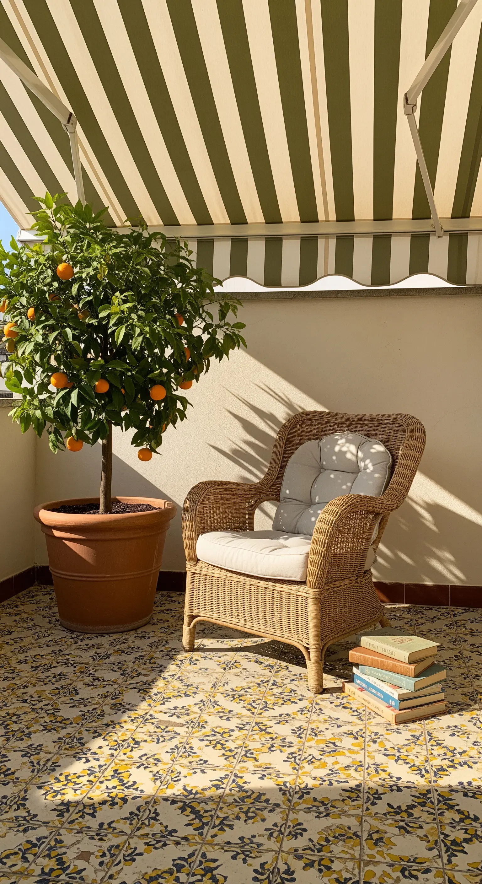 Angolo lettura su un balcone con poltrona in vimini, tenda a righe e un albero di arancio.