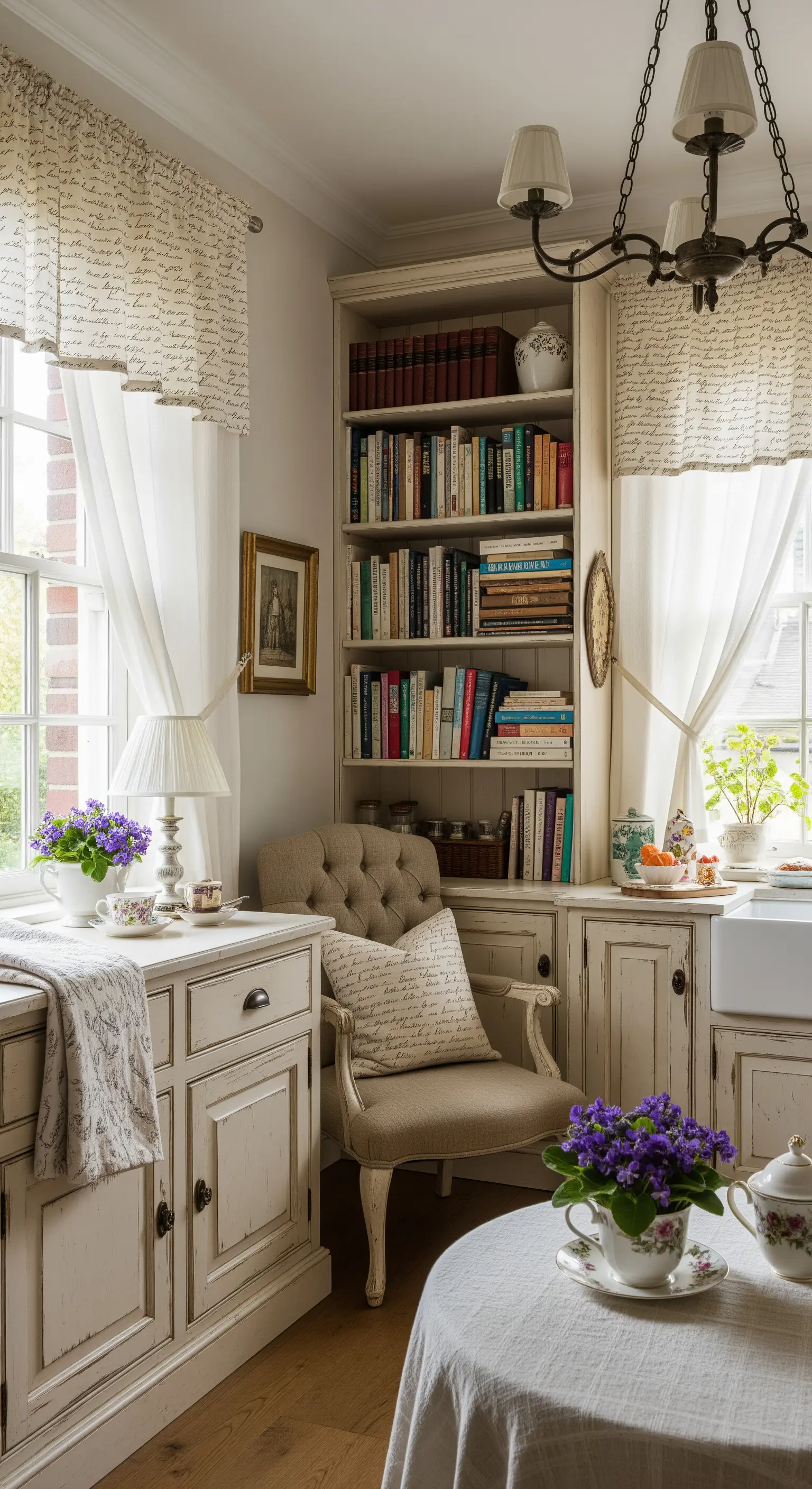 Angolo lettura in una cucina shabby con poltroncina e libreria a muro.