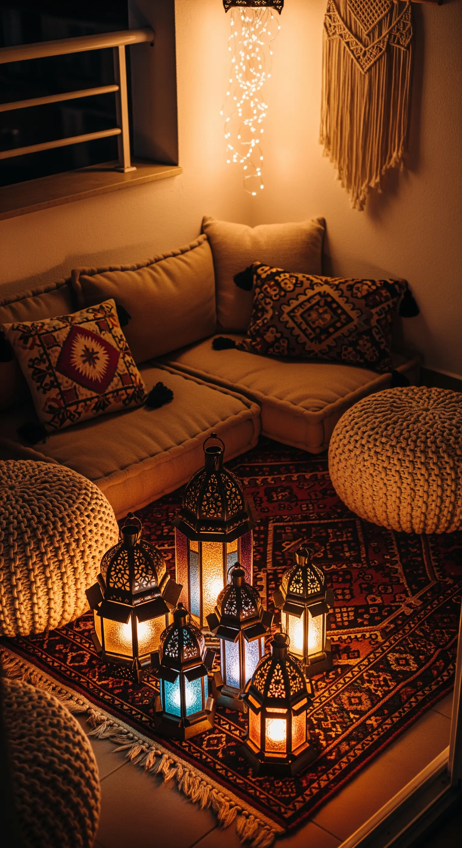 Angolo relax con cuscini a terra, tappeto kilim e un gruppo di lanterne marocchine accese.