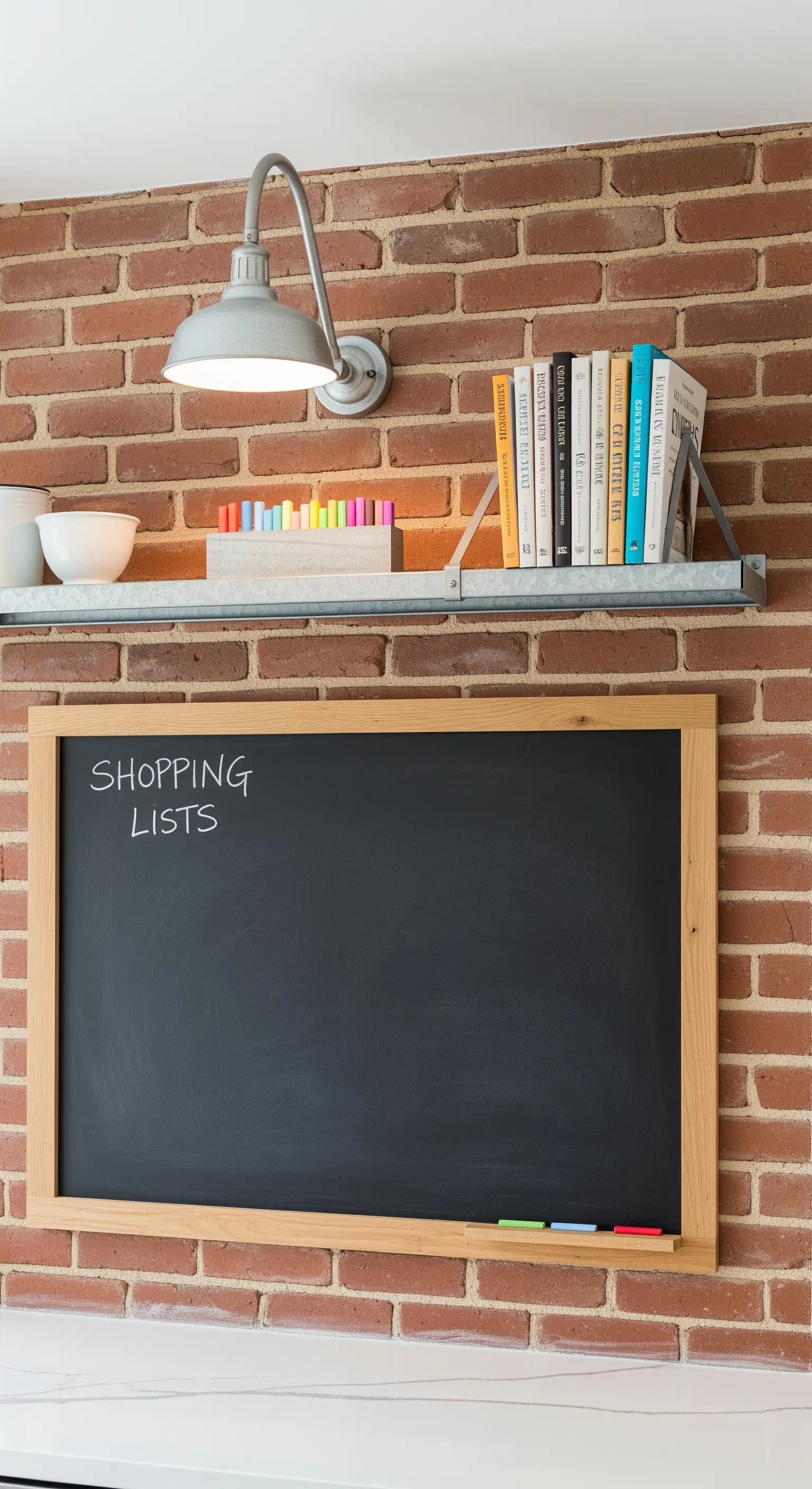 Parete in mattoni con lavagna, mensola in metallo e lampada a muro.