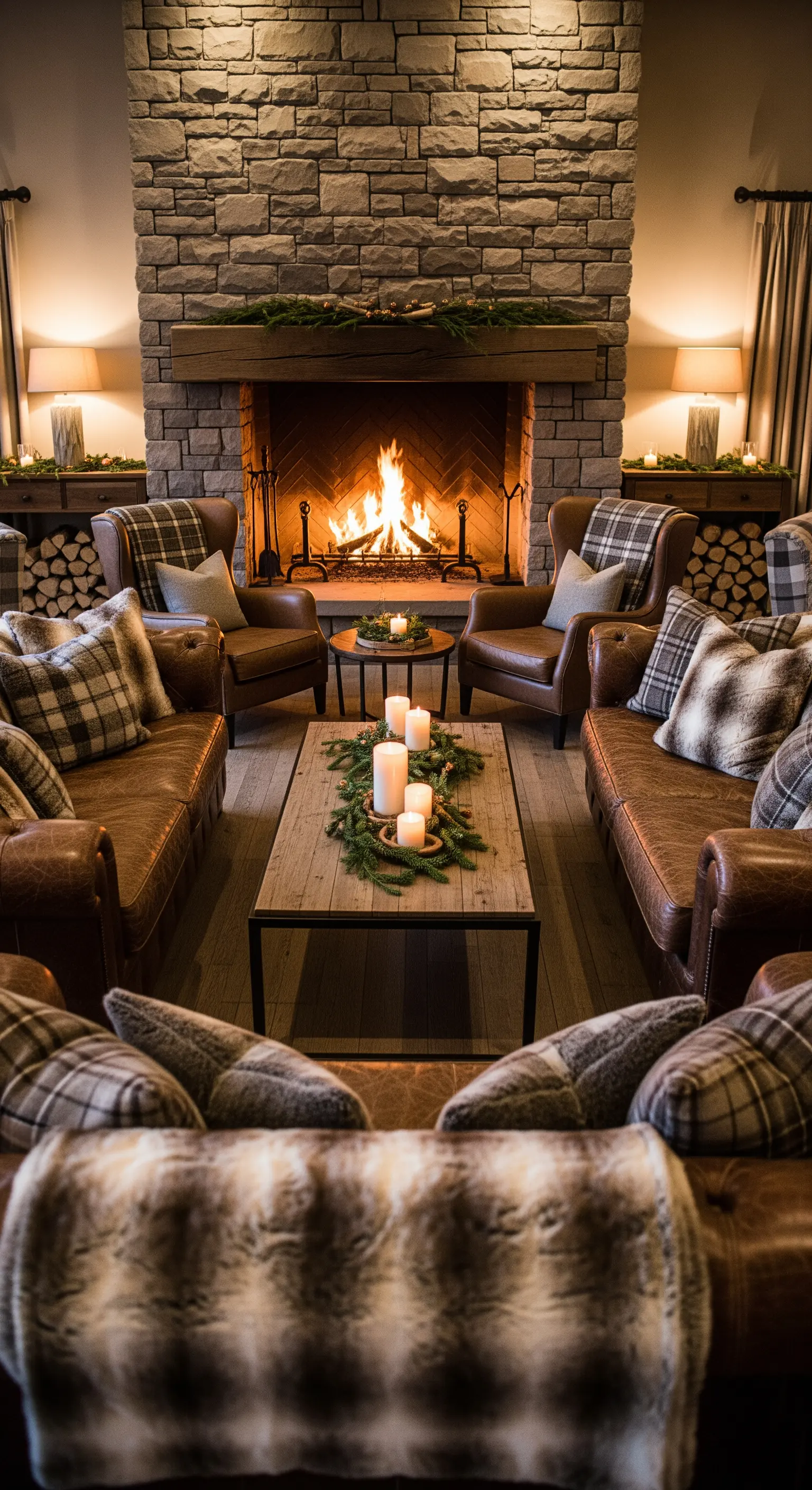 Area lounge con divani in pelle, cuscini scozzesi e candele, di fronte a un camino acceso.