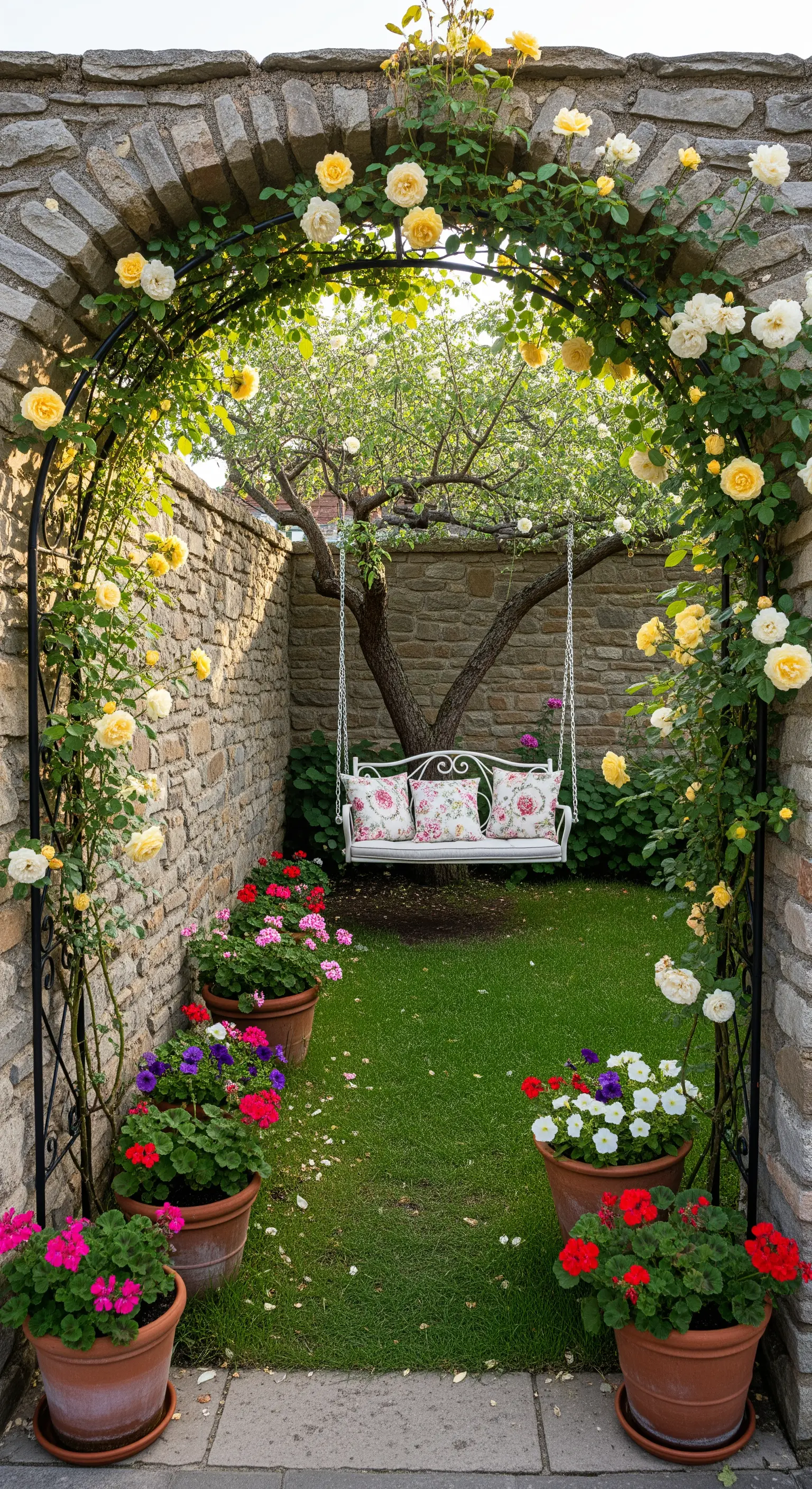 Altalena bianca in un piccolo cortile con pareti in pietra, incorniciata da un arco di rose gialle.