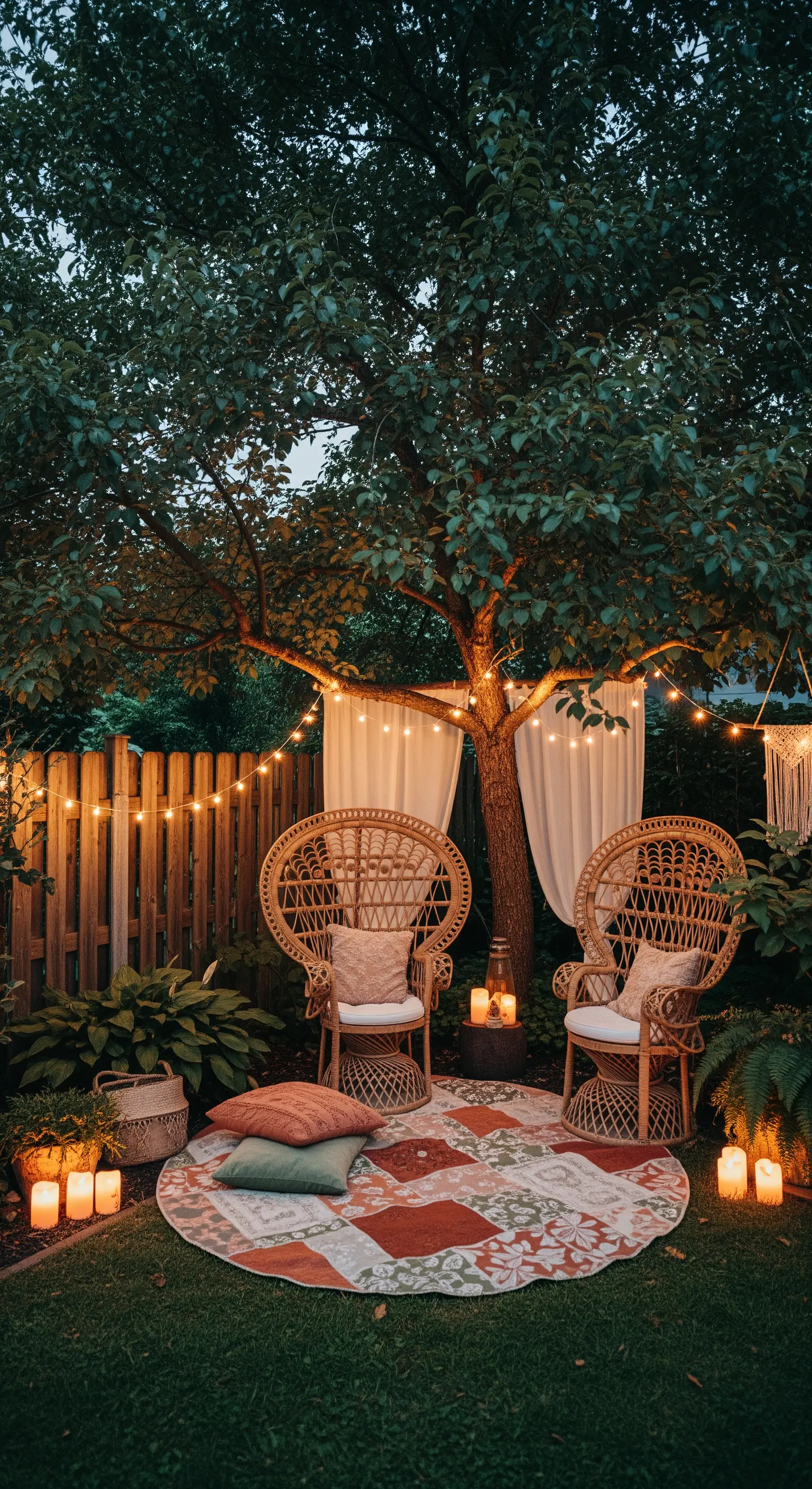 Angolo intimo in giardino con sedie in rattan, tappeto patchwork e fili di luce tra gli alberi.