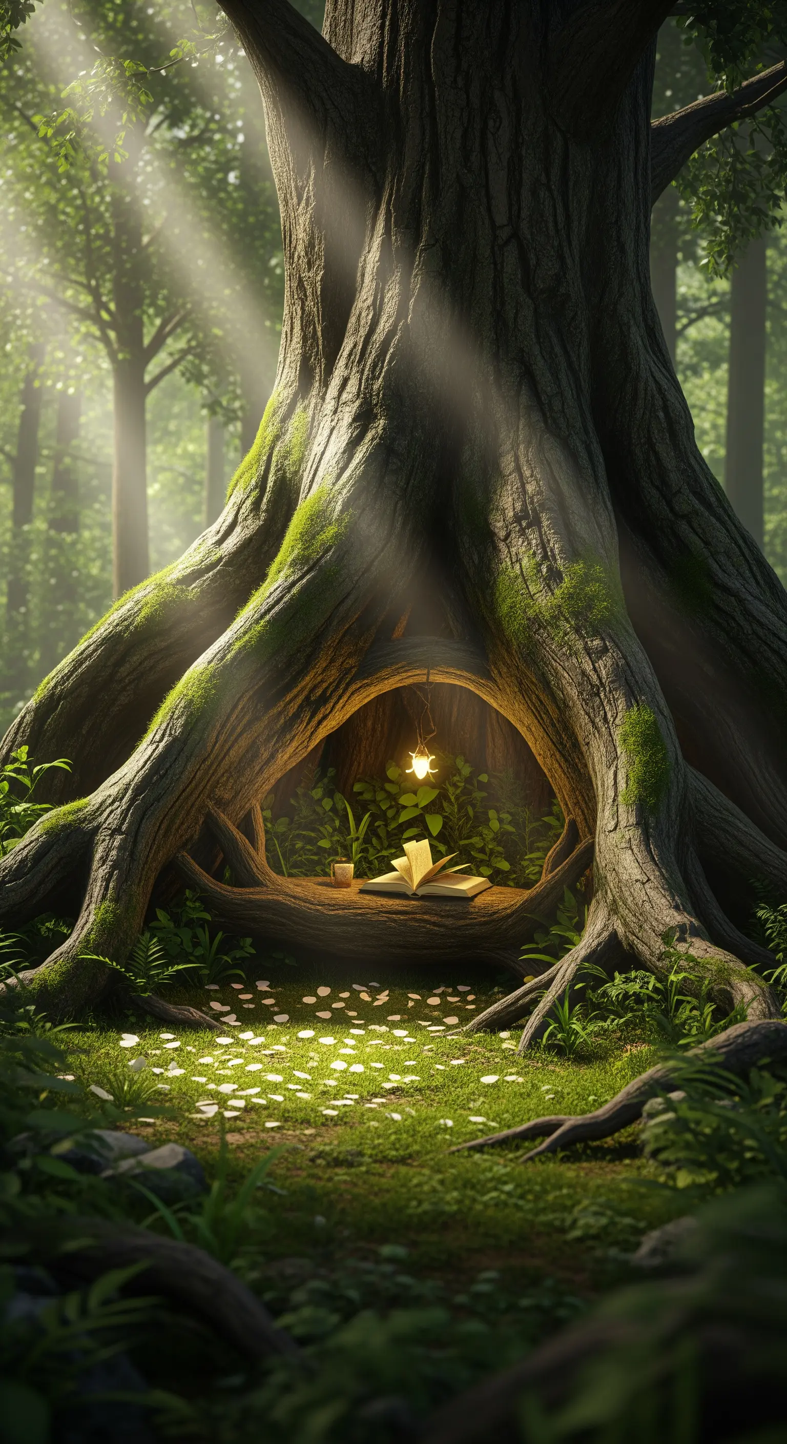 Nicchia alla base di un grande albero che ospita un libro aperto e una piccola luce.