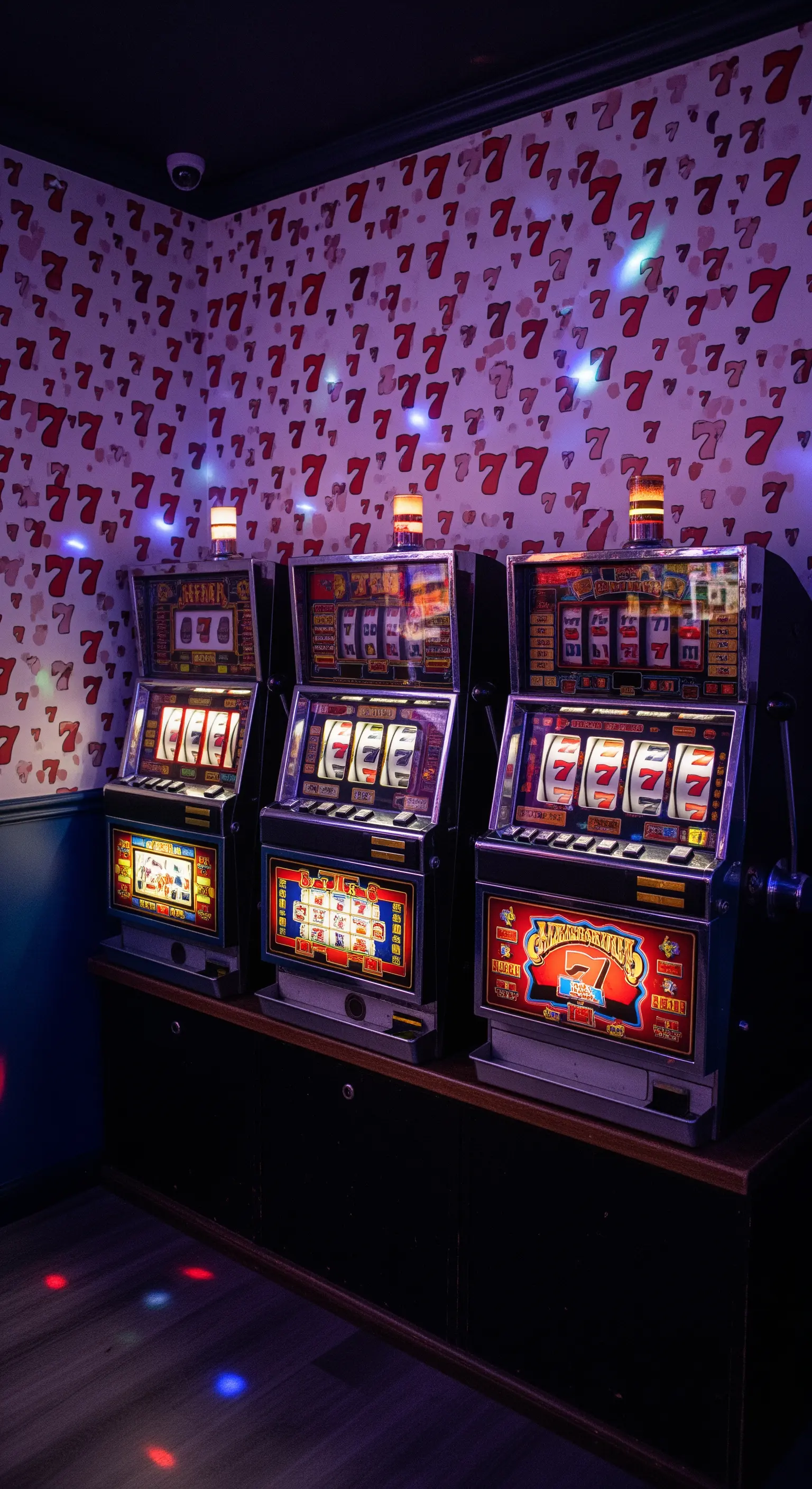 Angolo con tre slot machine vintage davanti a una parete con carta da parati a tema numero 7.