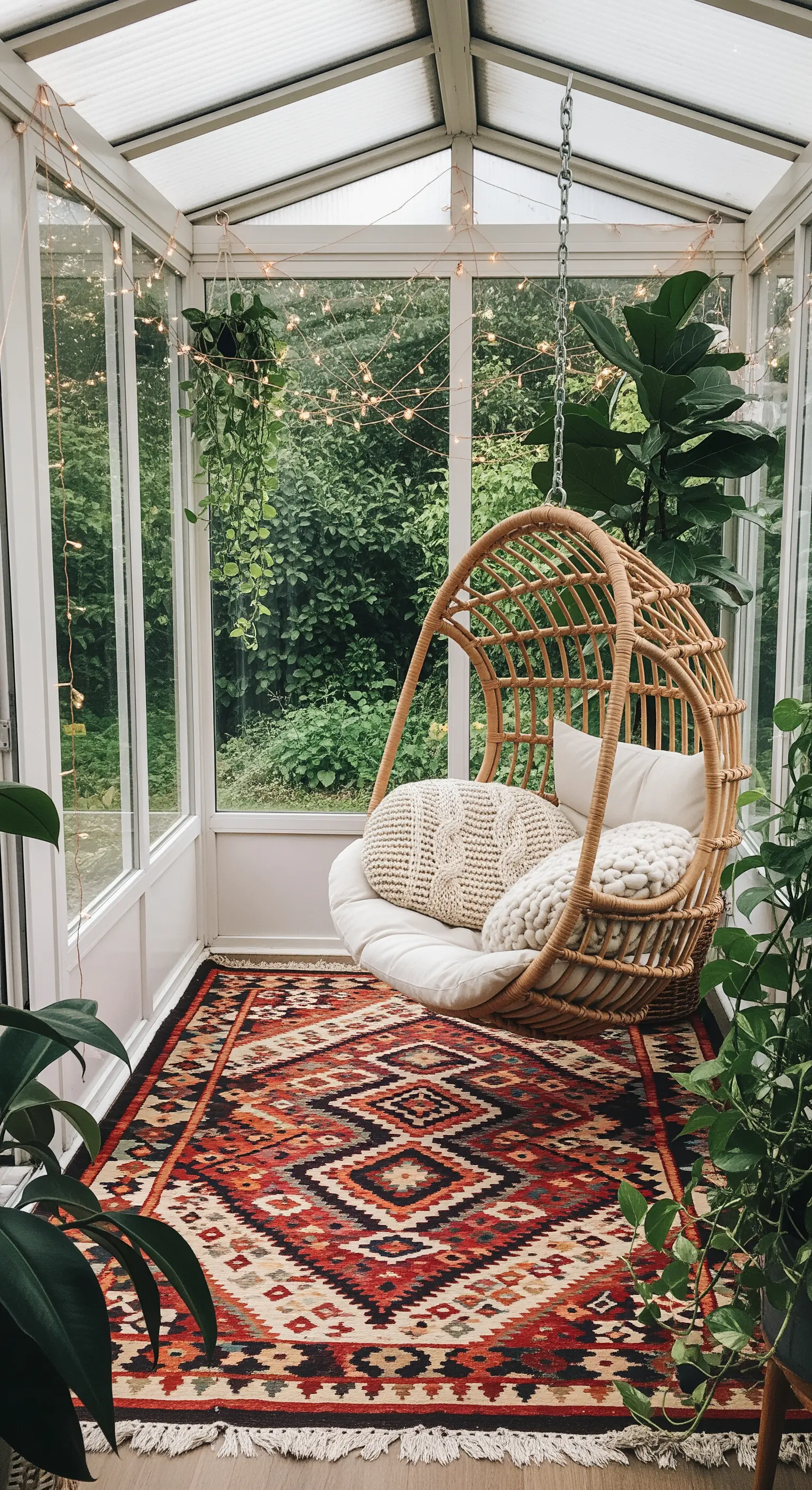 Sedia sospesa in rattan in una veranda luminosa con tappeto geometrico e piante.