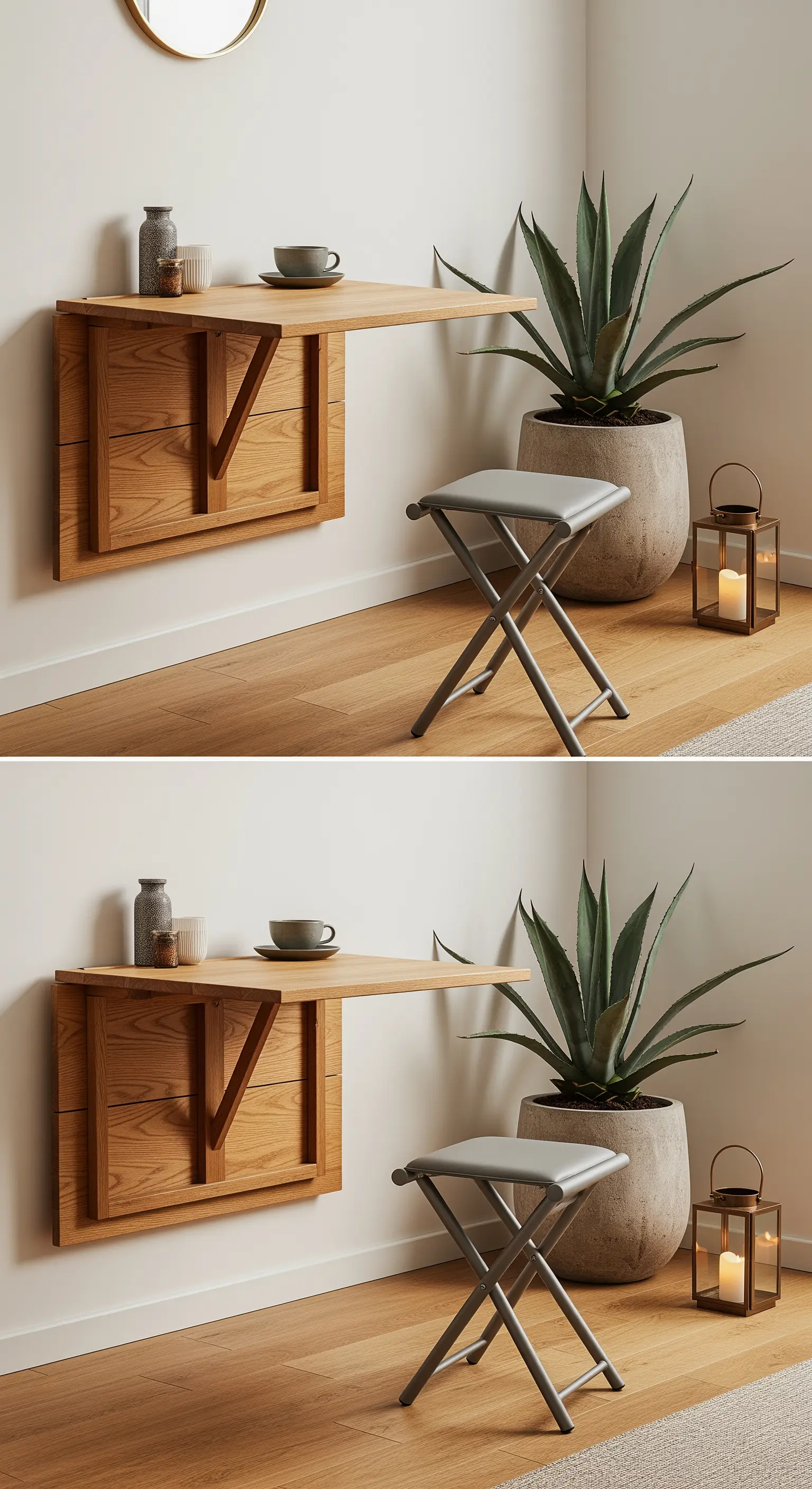 Collage di un tavolo pieghevole a muro in legno, mostrato sia chiuso che aperto con uno sgabello.