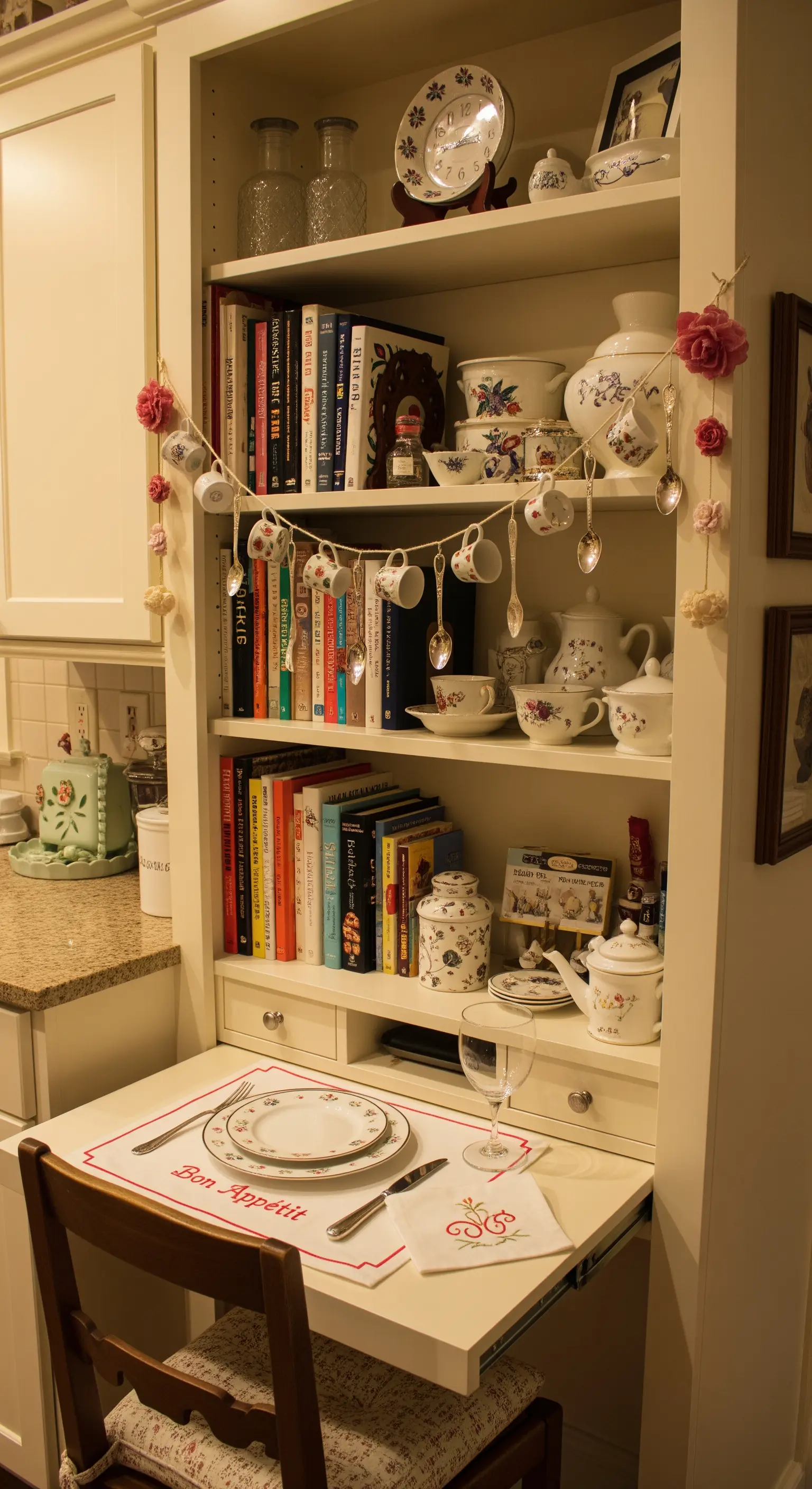 Libreria in cucina con un piccolo scrittoio apparecchiato e una ghirlanda di tazzine e fiori di carta.