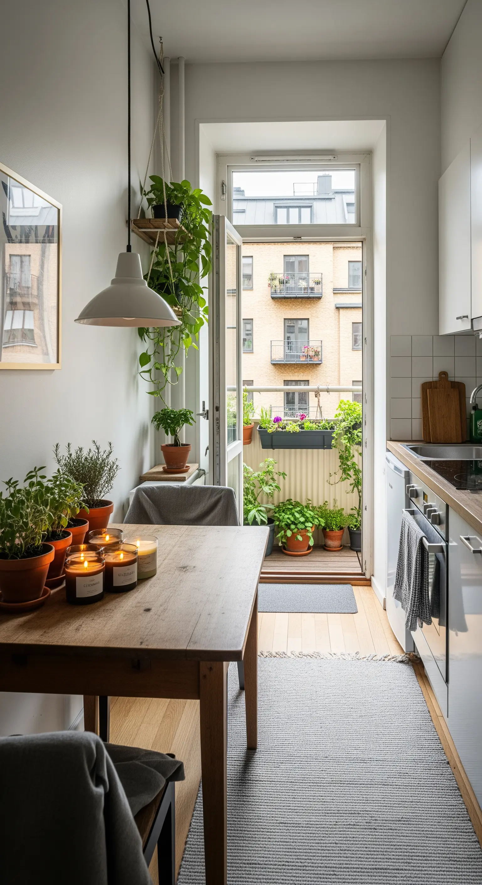 Cucina stretta e lunga con un runner grigio e numerose piante aromatiche su mensole e davanzale.