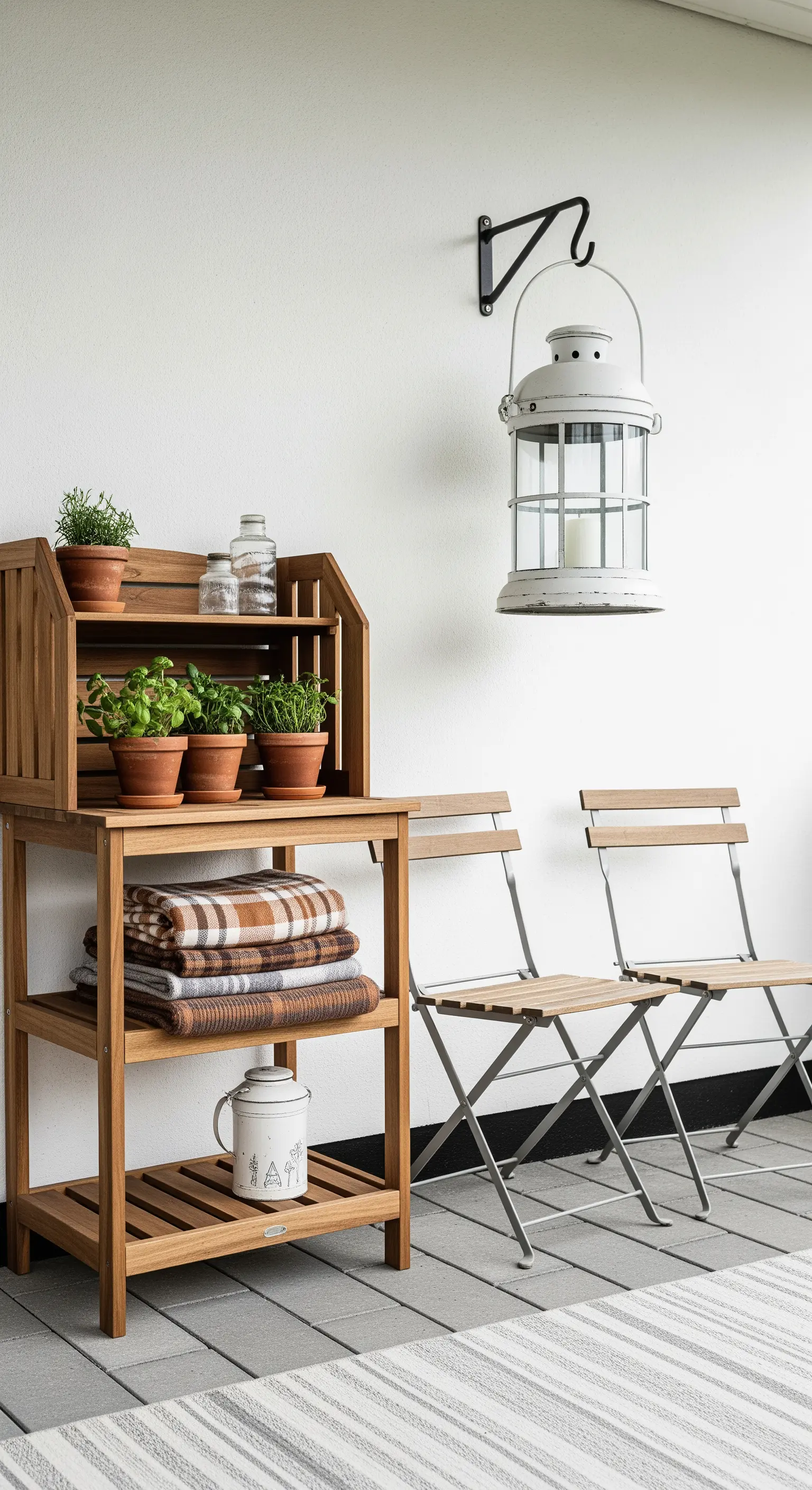 Mobile da giardinaggio in legno con erbe aromatiche, plaid e sedie pieghevoli a fianco.