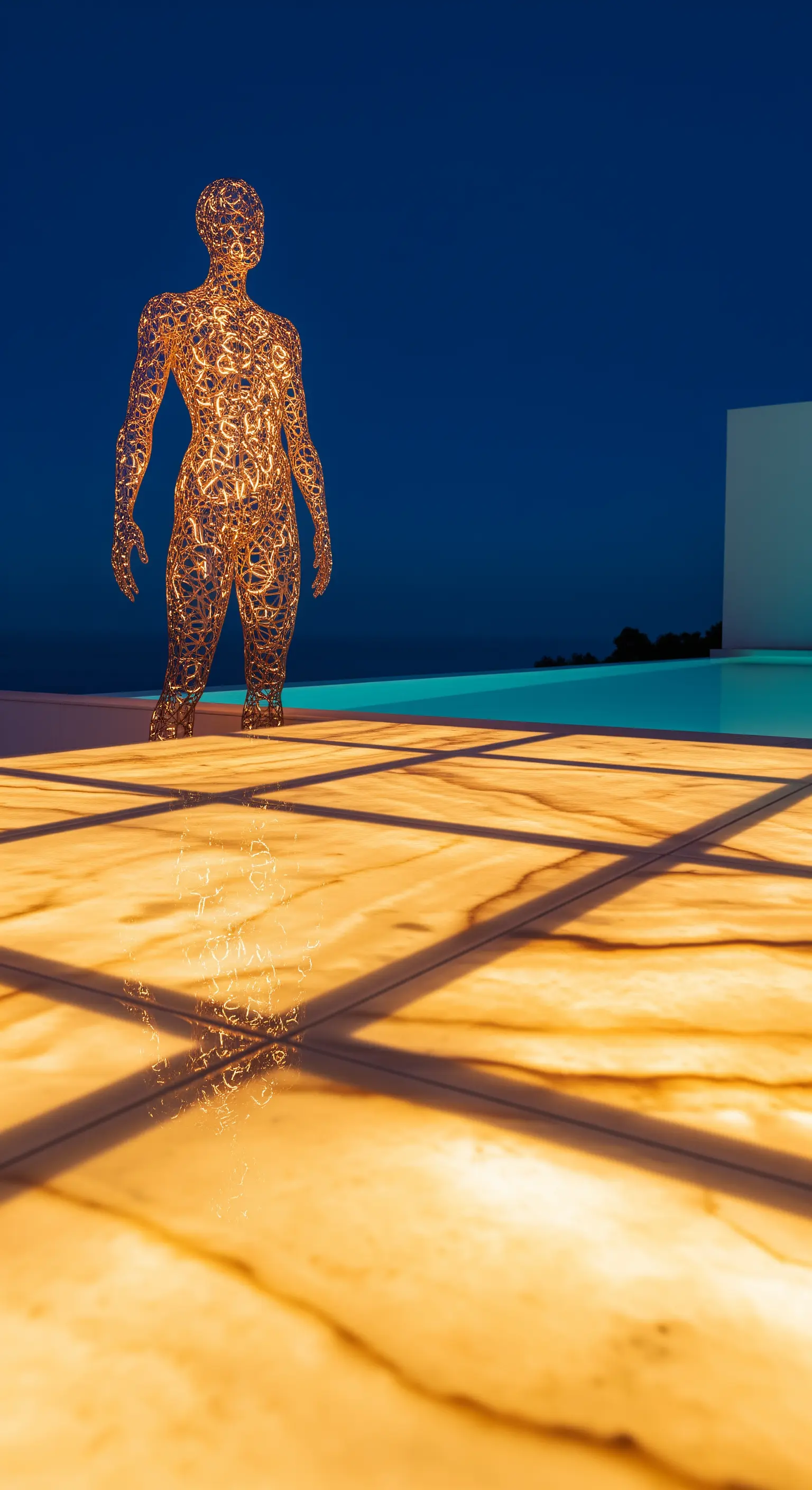 Statua umana in filigrana dorata su un pavimento retroilluminato effetto marmo.