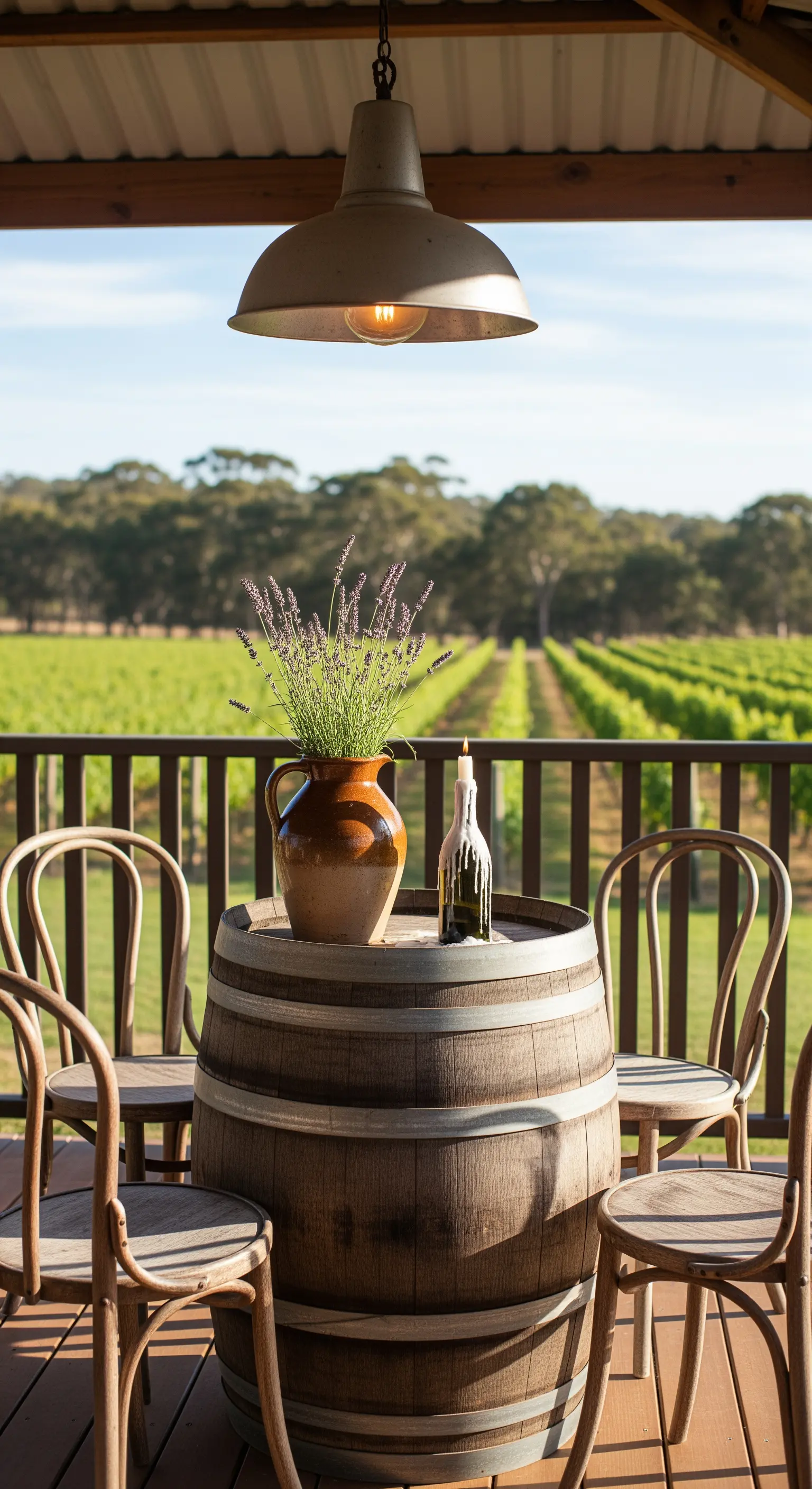 Botte di vino usata come tavolo su un portico con vista su un vigneto, con sedie in legno curvato.
