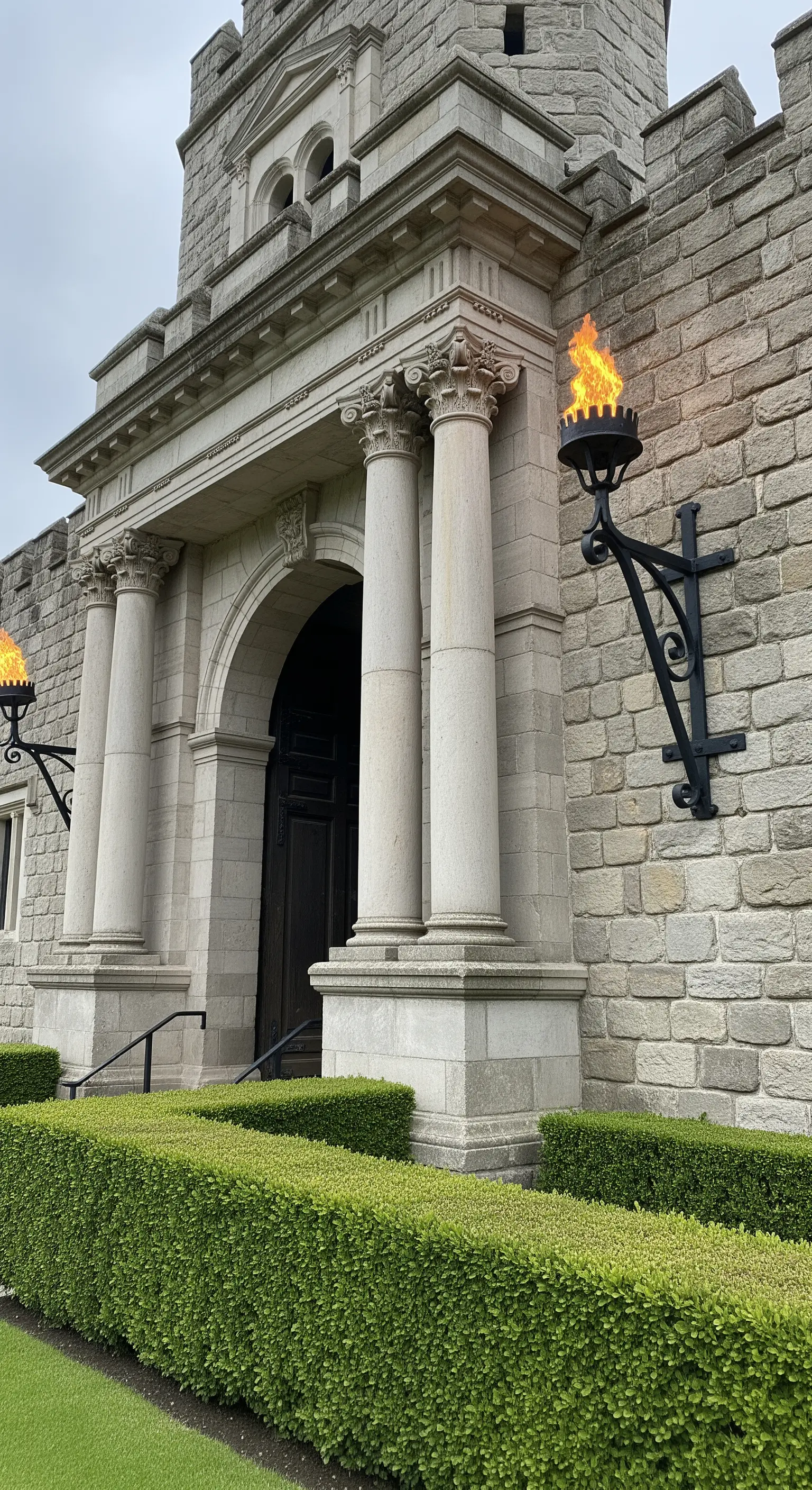 Ingresso di un castello in pietra con colonne massicce e torce a fuoco vivo montate su supporti in ferro