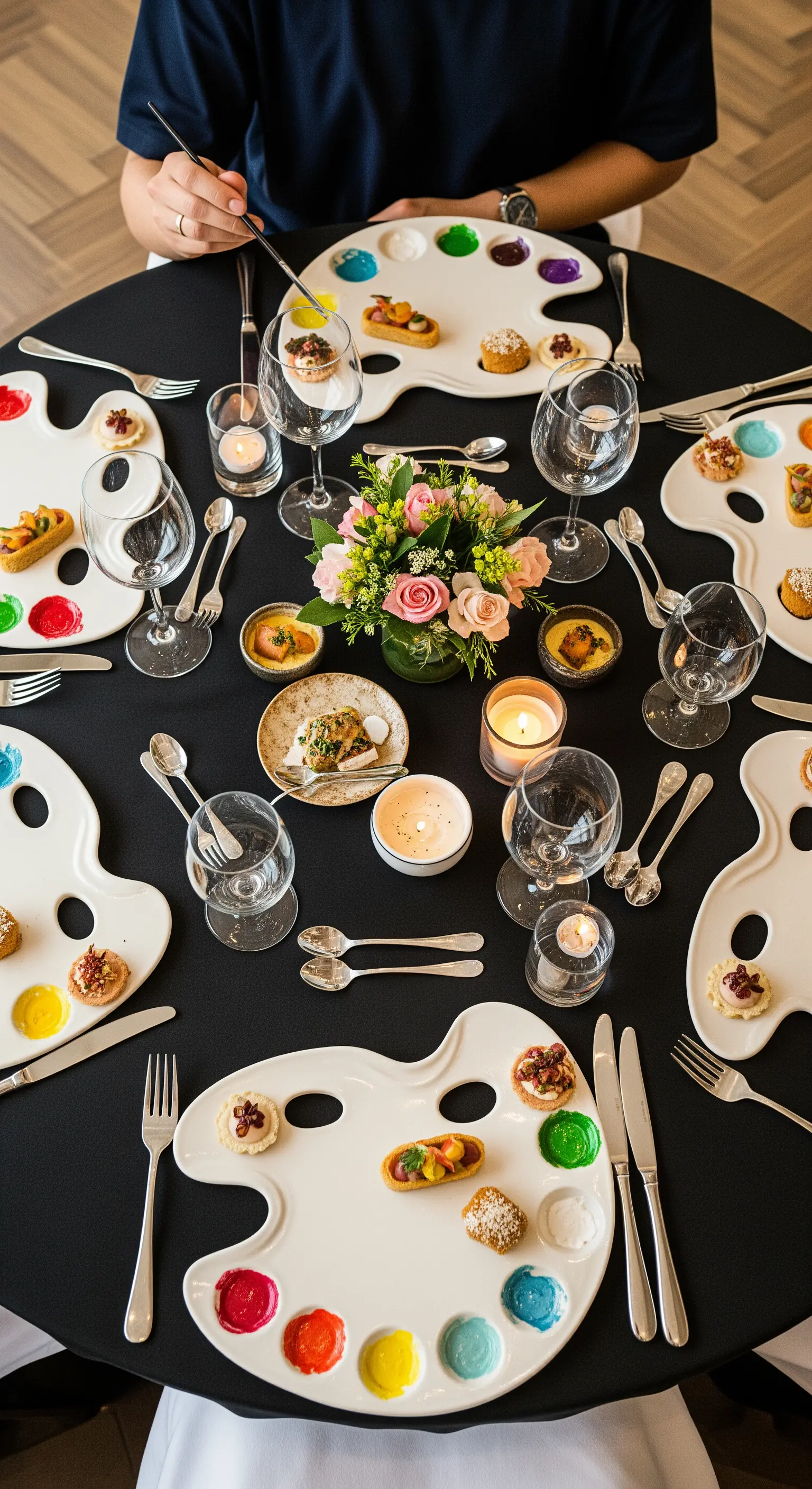 Aperitivo servito su piatti a forma di tavolozza da pittore, con salse colorate.