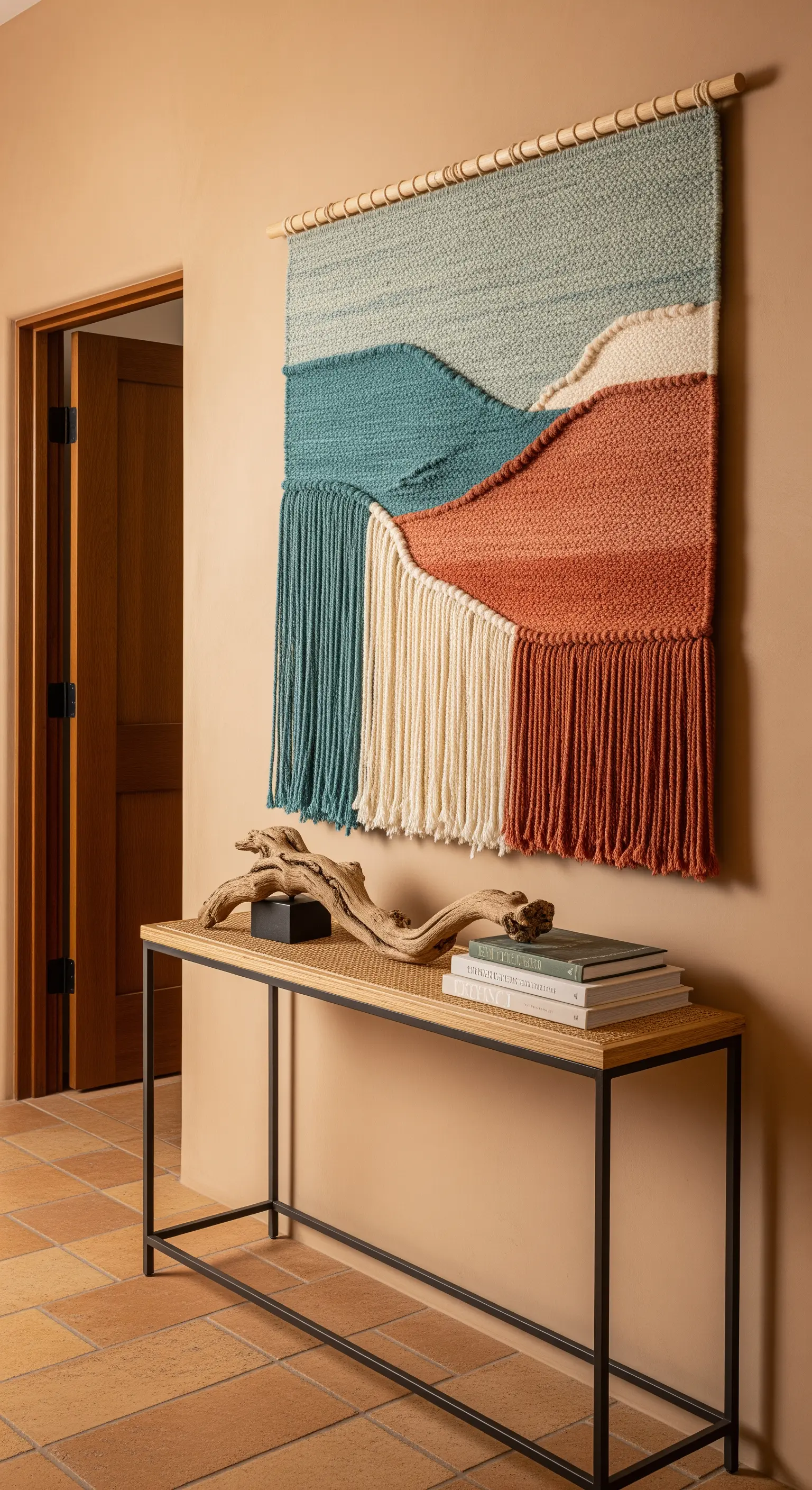 Consolle in rattan e metallo nero sotto un grande arazzo da parete con toni della terra.