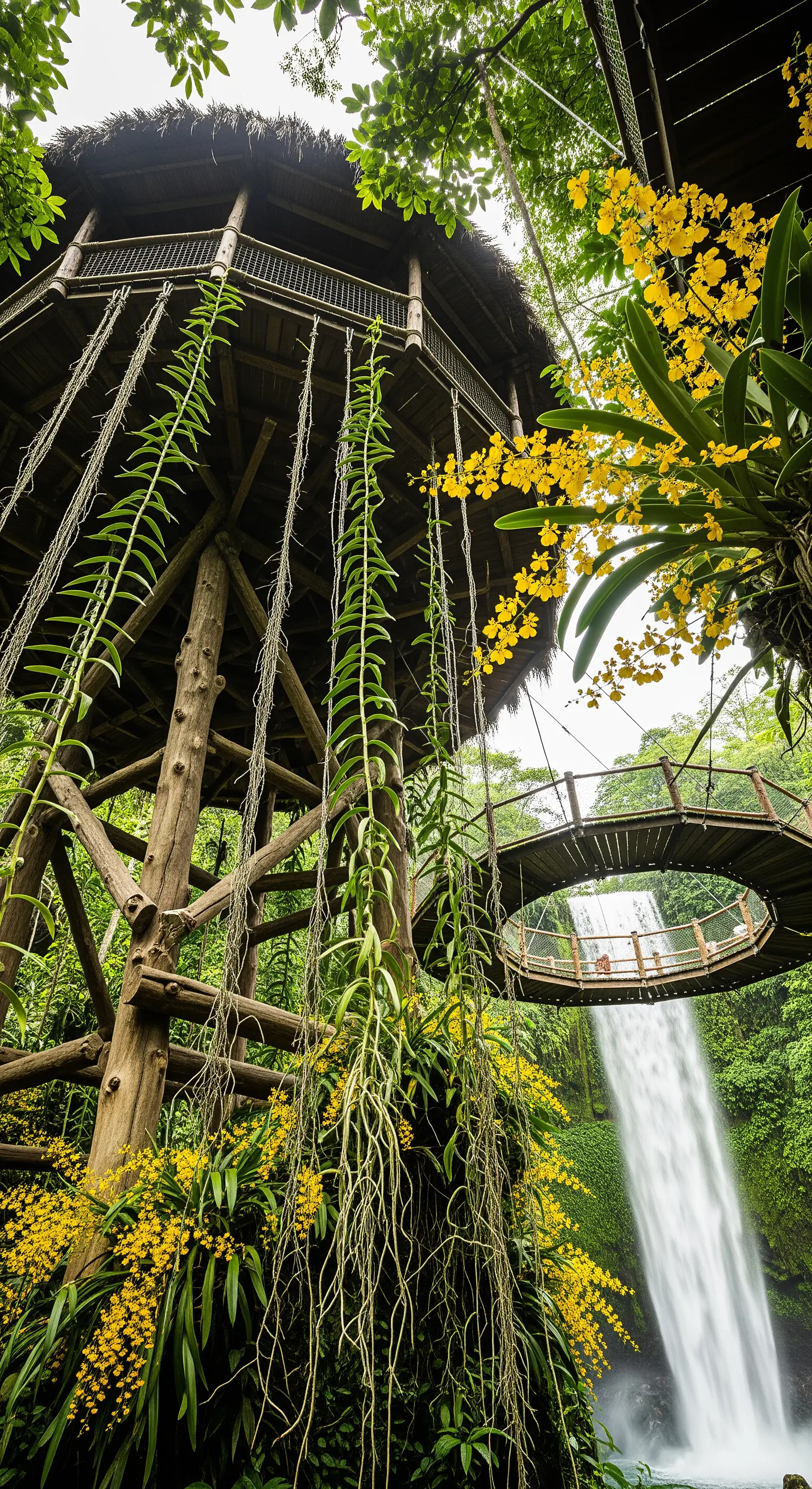 Struttura in legno simile a una casa sull'albero con passerella circolare e orchidee gialle.