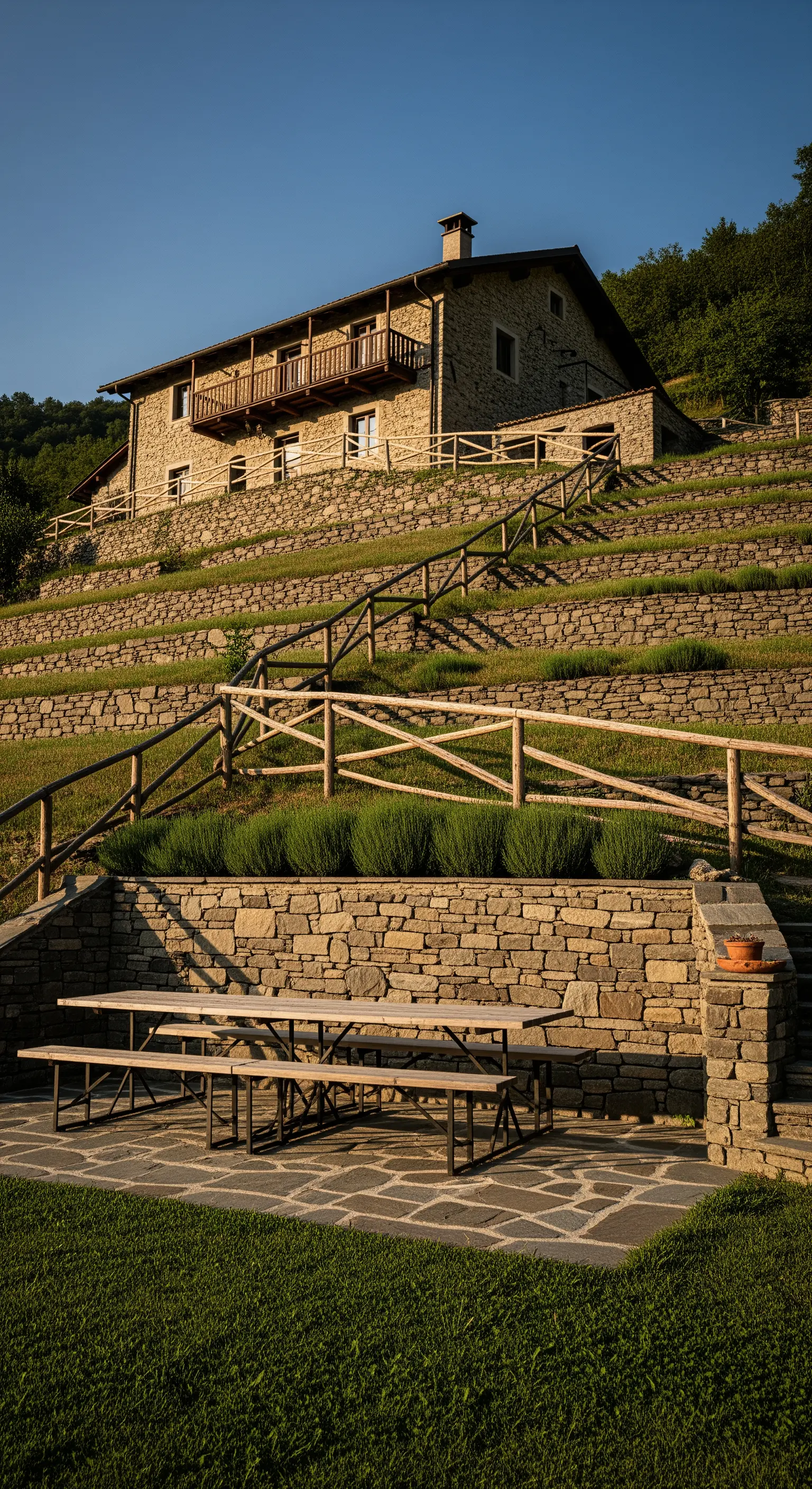 Casale in pietra con terrazzamenti e recinzioni in legno su un pendio.