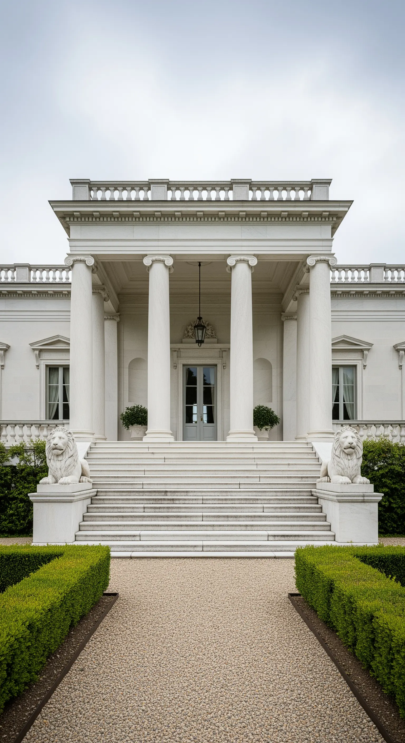 Facciata neoclassica di una villa con imponenti colonne bianche e una scalinata in marmo