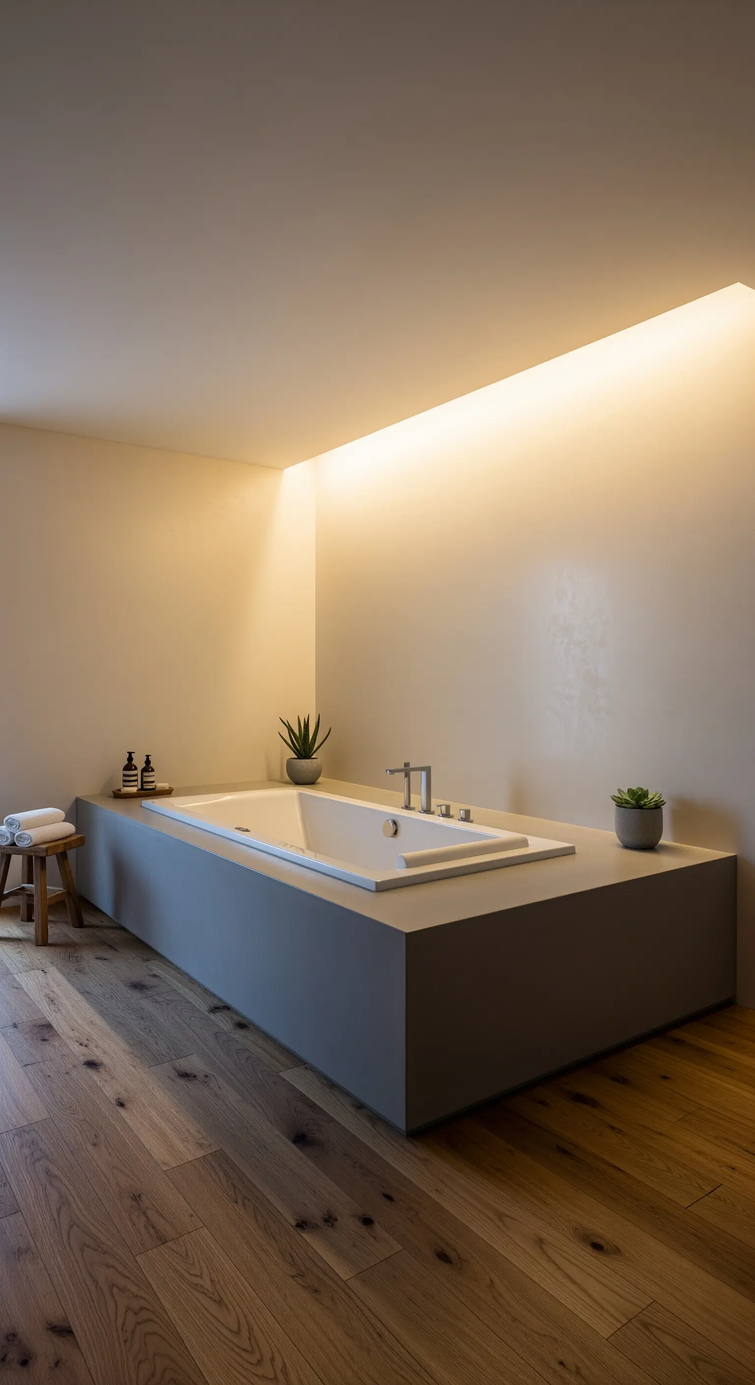 Vasca incassata in un blocco di microcemento, illuminata da una luce a soffitto nascosta.