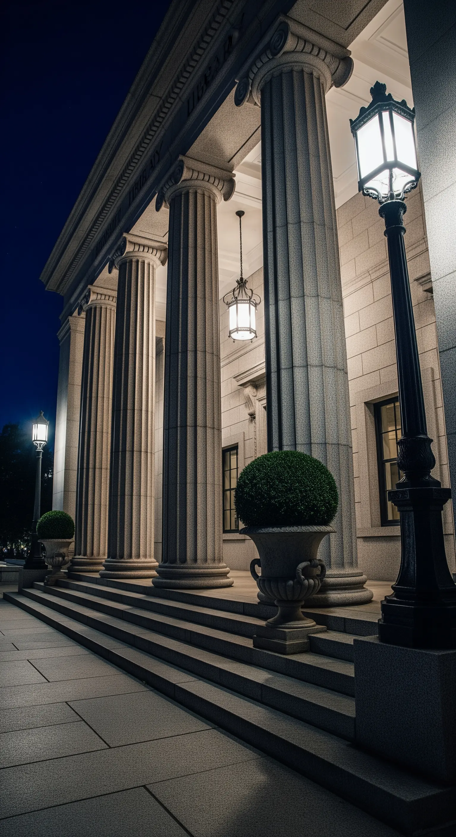 Portico con colonne classiche in granito illuminate dal basso durante la notte.