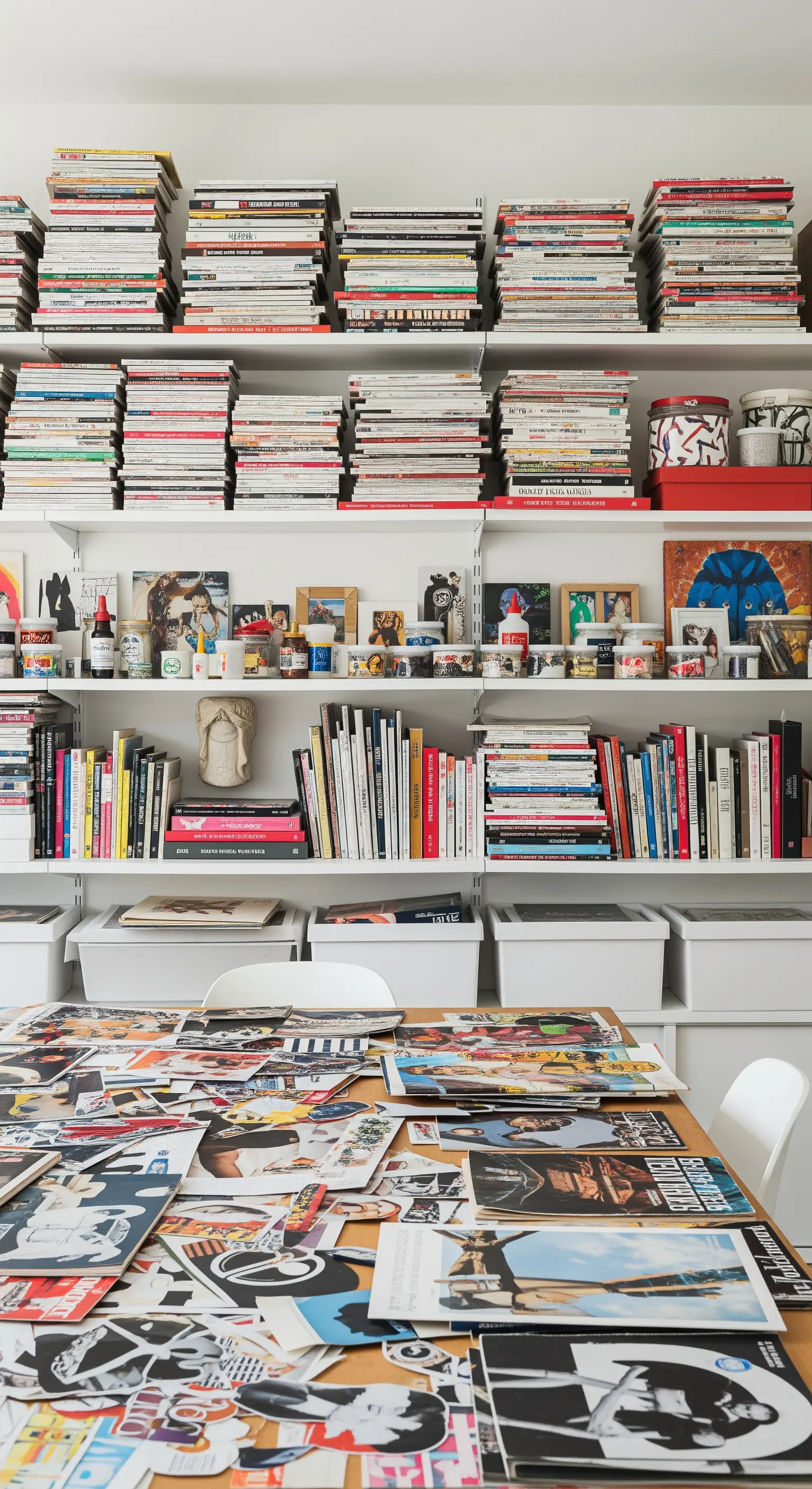Studio pieno di libri e riviste impilati su mensole bianche, con un tavolo coperto di ritagli.