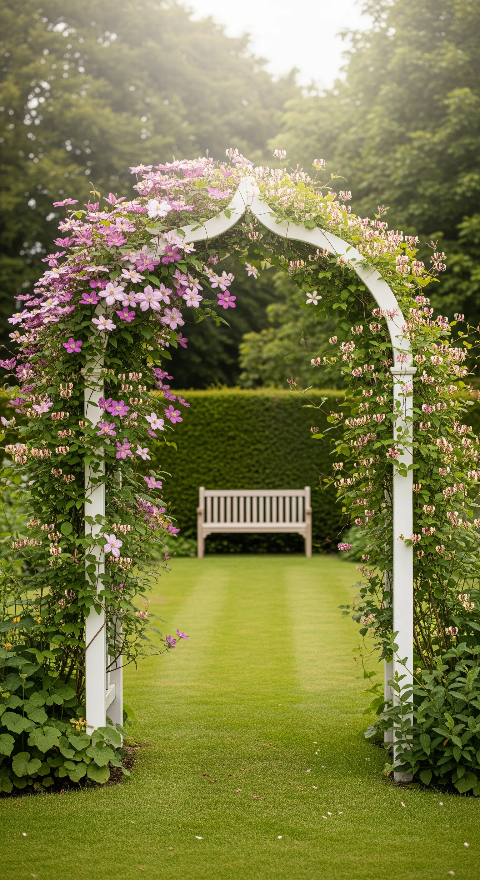 Arco da giardino bianco coperto di clematidi rosa, che incornicia un prato verde con una panchina in fondo.