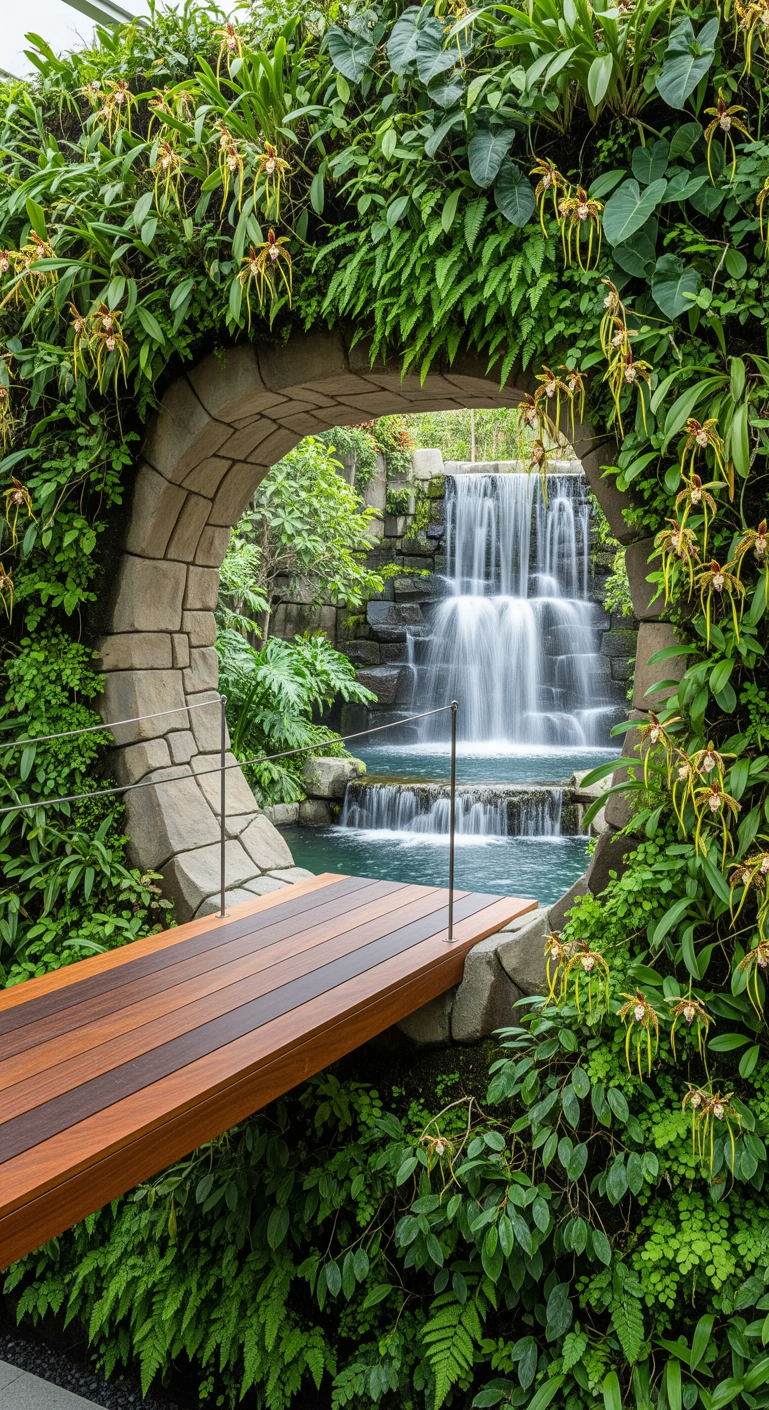 Arco in pietra ricoperto di verde che incornicia una cascata a più livelli.
