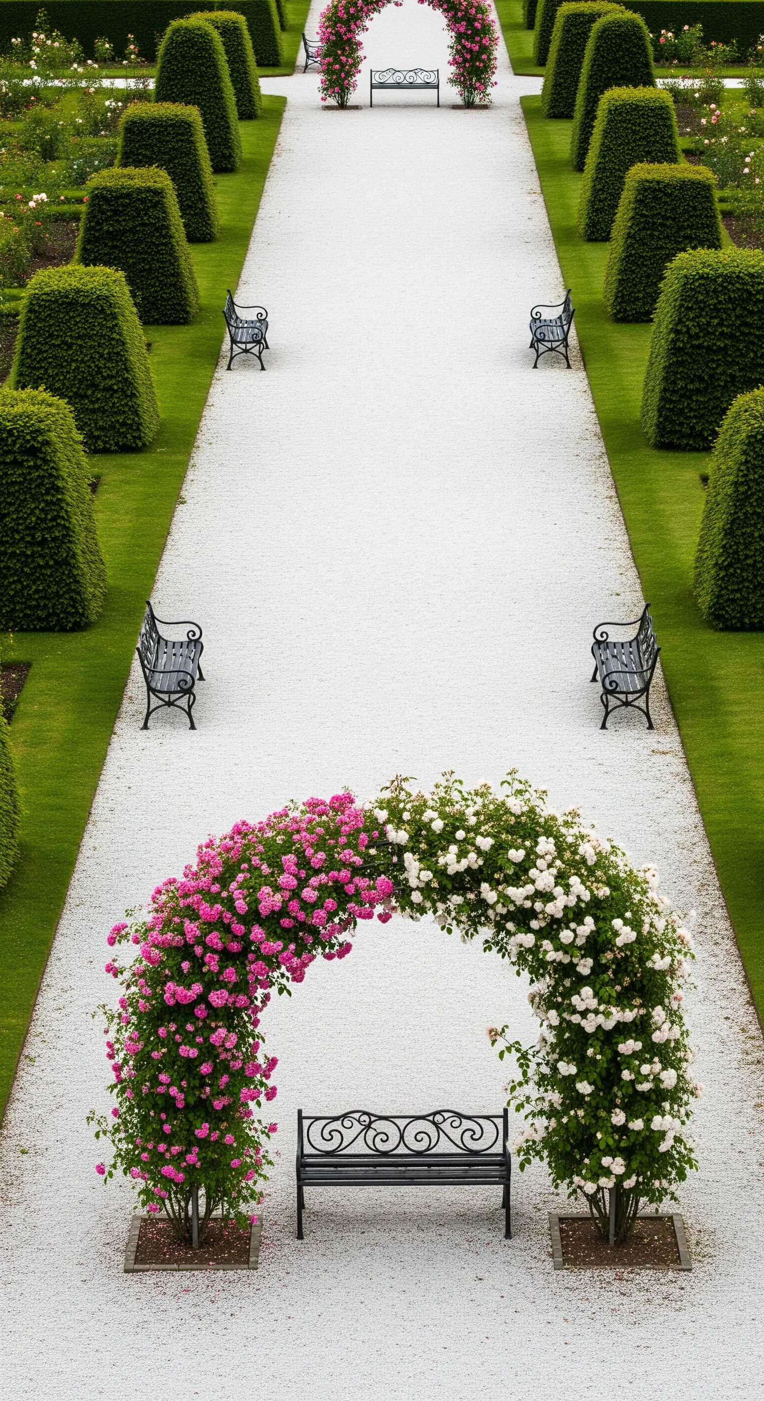 Vista dall'alto di un giardino formale con un arco di rose bianche e rosa e panchine lungo il viale.