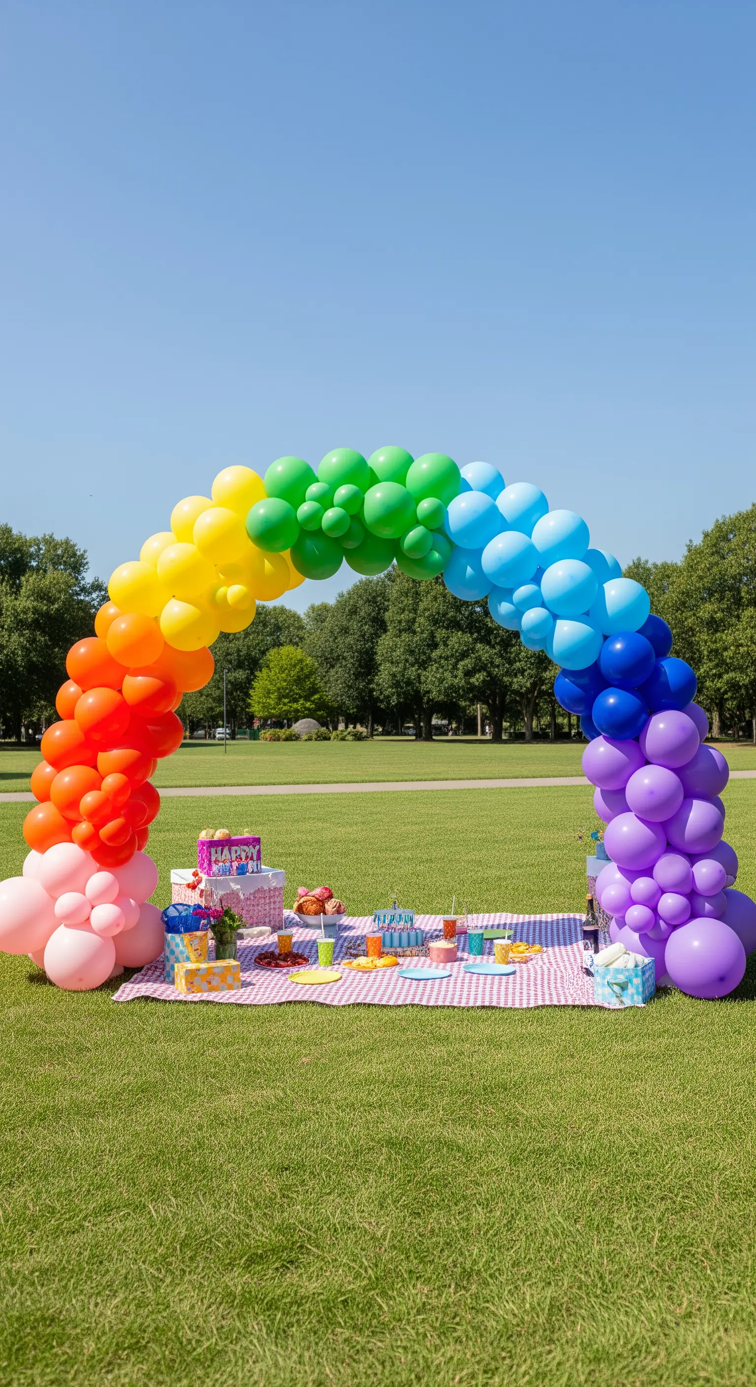 Grande arco di palloncini arcobaleno su un prato durante un picnic di compleanno.