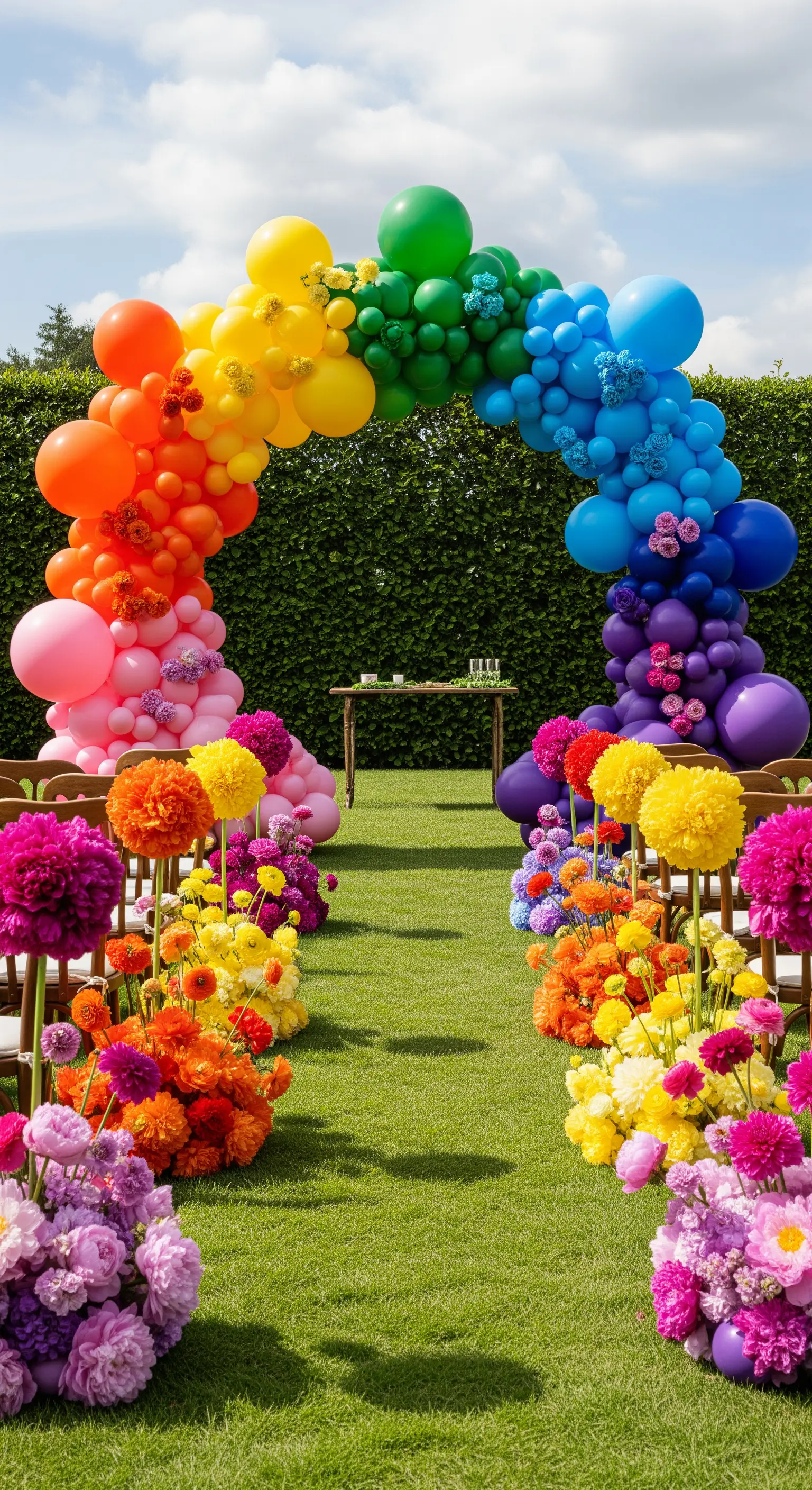 Arco nuziale con palloncini arcobaleno in un giardino fiorito all'aperto.