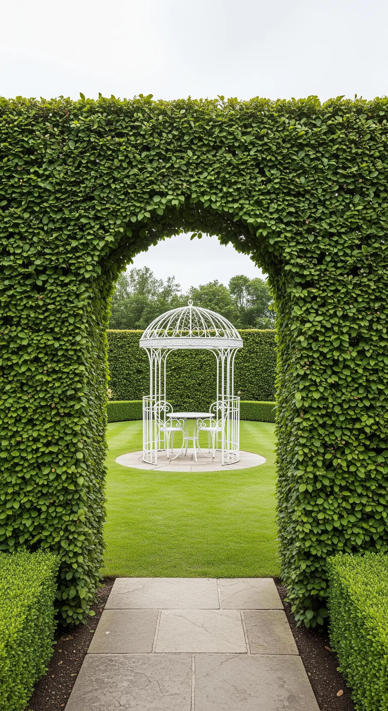 Arco perfettamente potato in un'alta siepe verde che incornicia un gazebo bianco su prato inglese.
