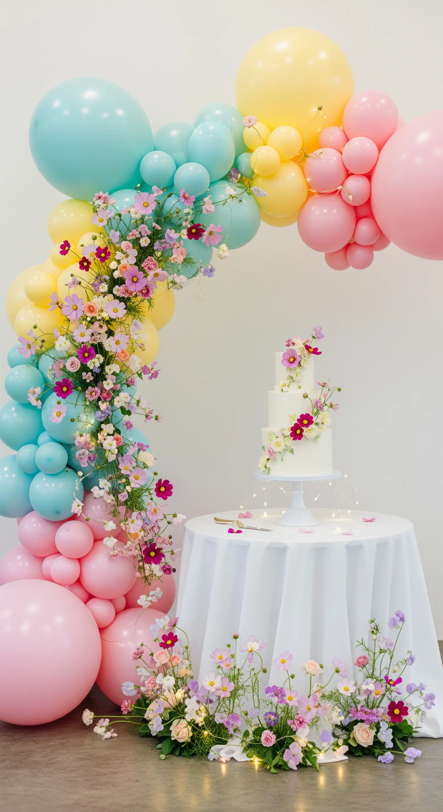 Torta nuziale su un tavolo incorniciato da un arco di palloncini pastello e fiori di campo.
