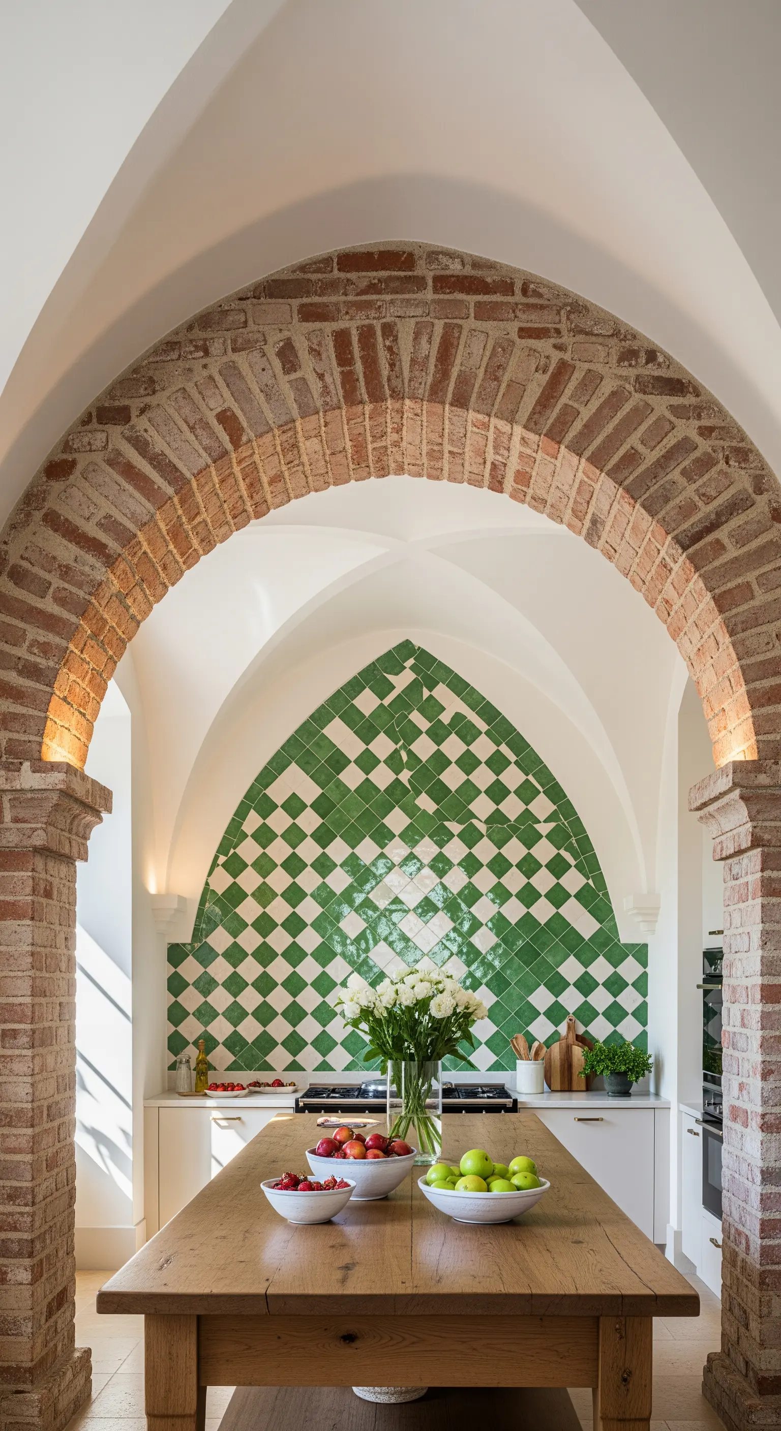Cucina con paraschizzi a rombi verdi e bianchi, incorniciata da un grande arco in mattoni.