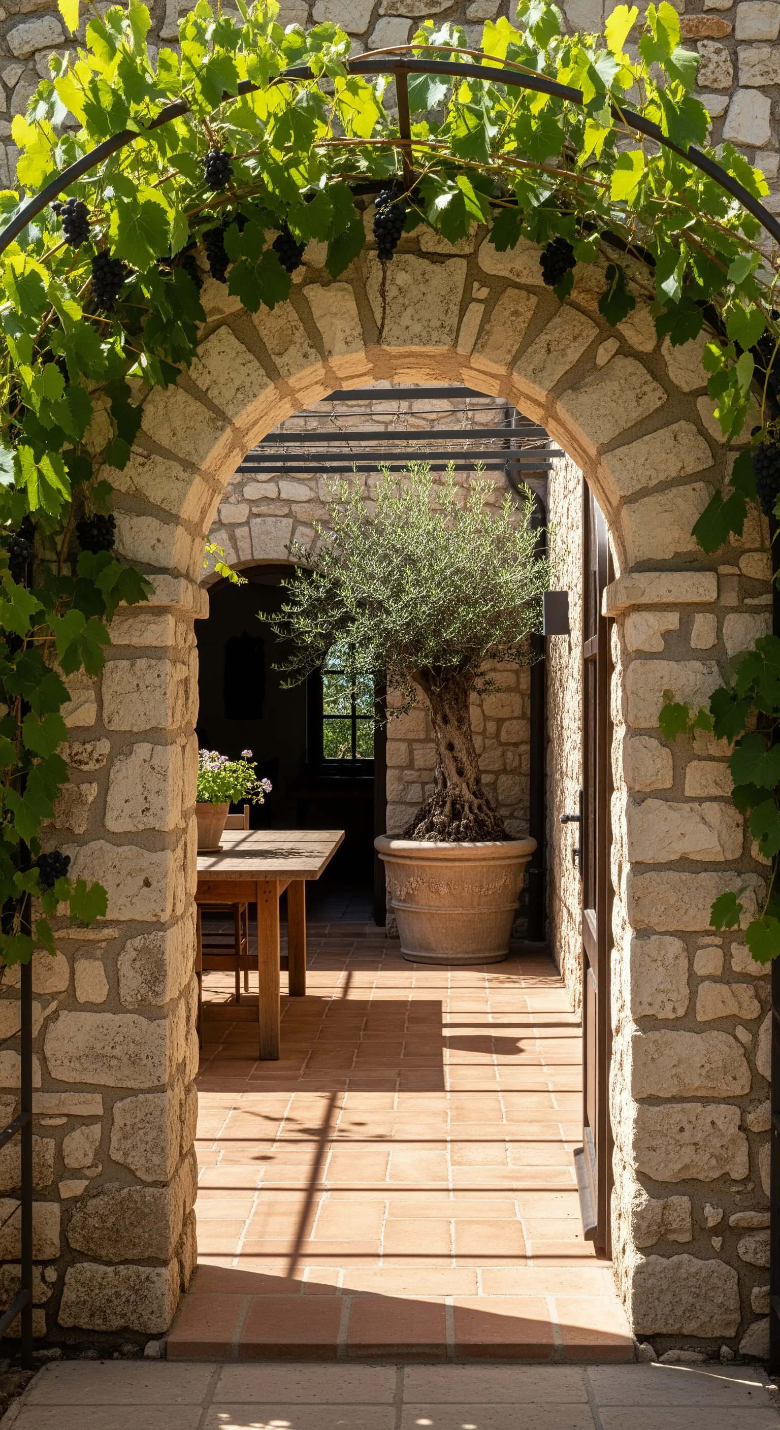 Vista di un patio con ulivo in vaso attraverso un arco in pietra coperto di vite.