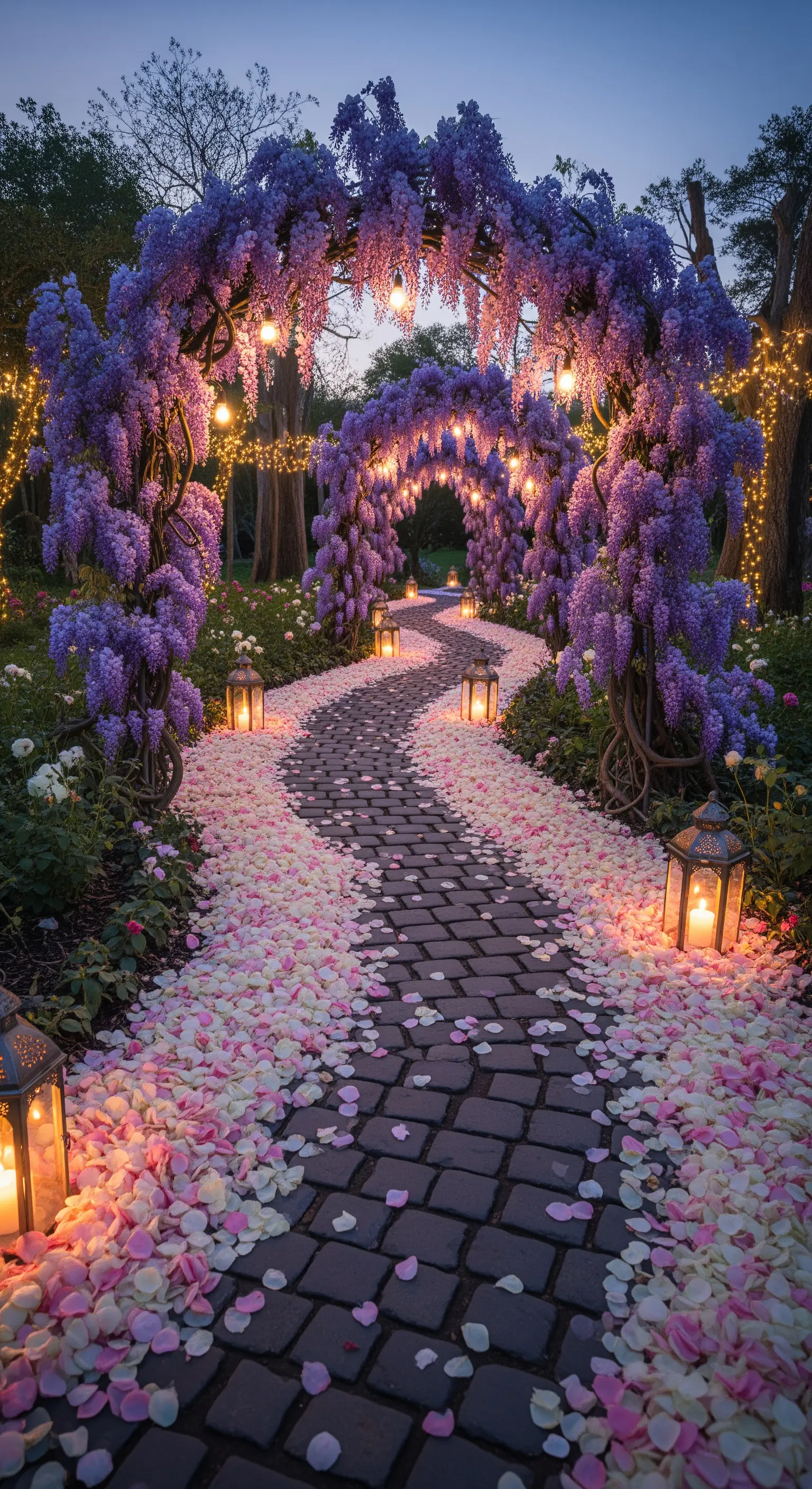 Sentiero sinuoso in pietra, fiancheggiato da lanterne e petali, sotto archi di glicine viola.