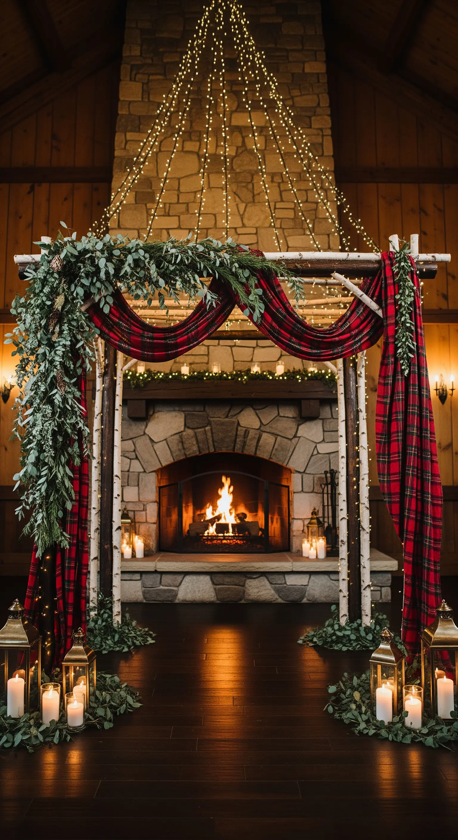 Arco nuziale in betulla con drappo scozzese e luci calde di fronte a un camino in pietra.