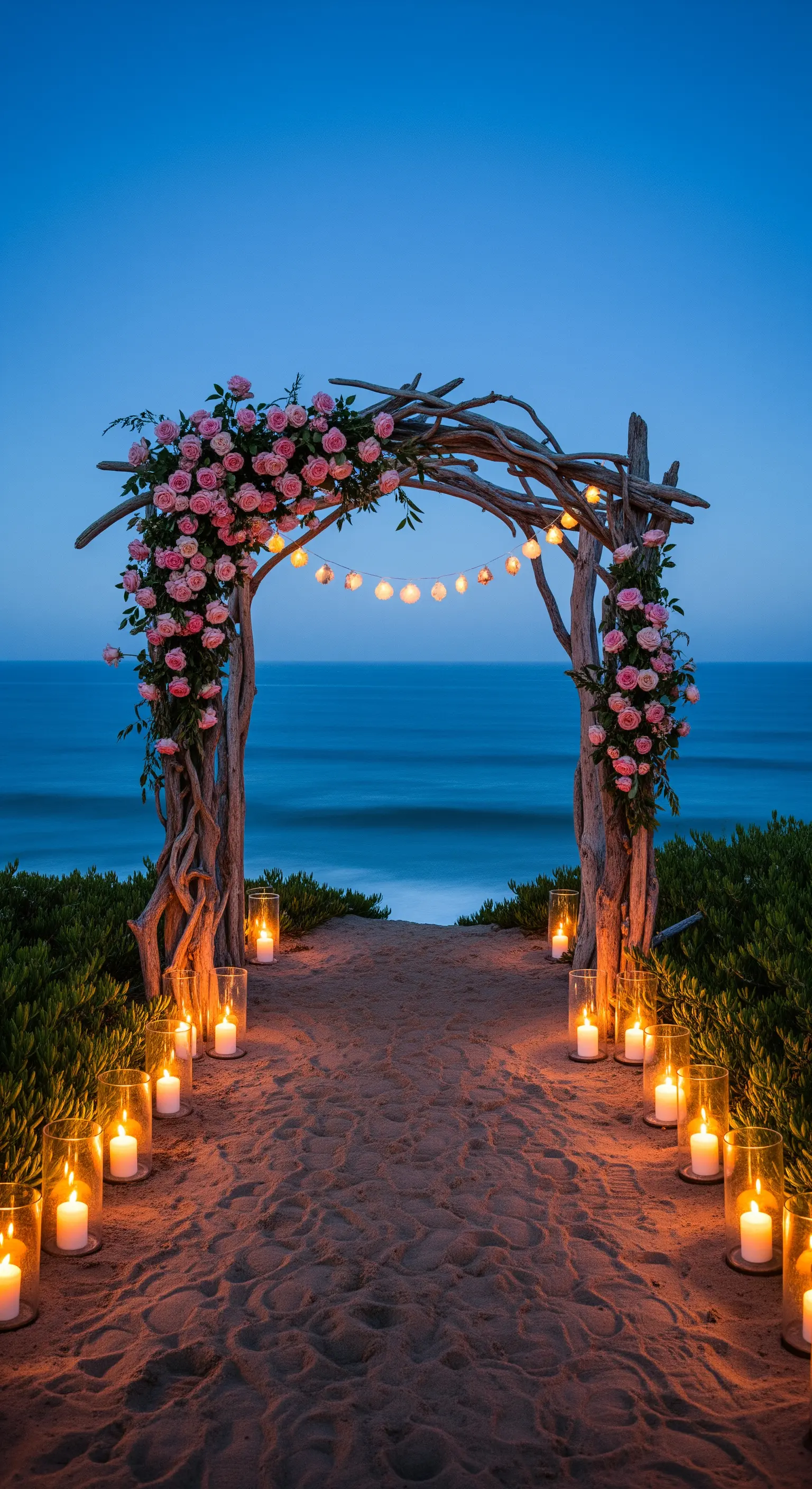 Arco di legni di mare sulla spiaggia al tramonto, decorato con rose e luci a bulbo.
