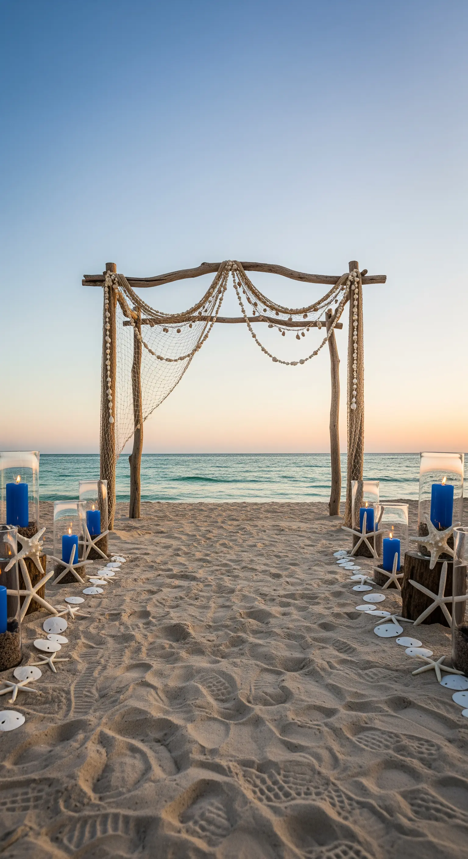 Arco nuziale sulla spiaggia decorato con reti, conchiglie e candele blu al tramonto