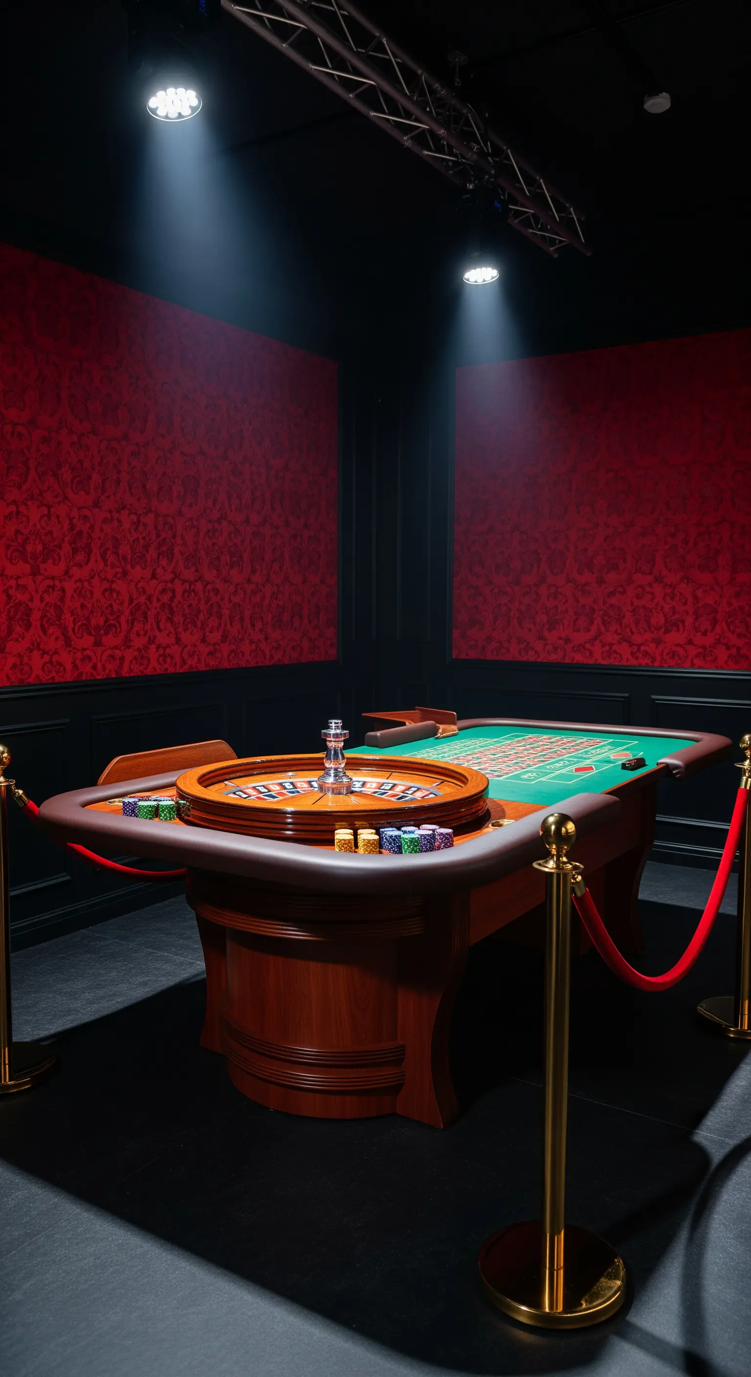 Tavolo da roulette professionale delimitato da cordoni di velluto rosso su montanti dorati.
