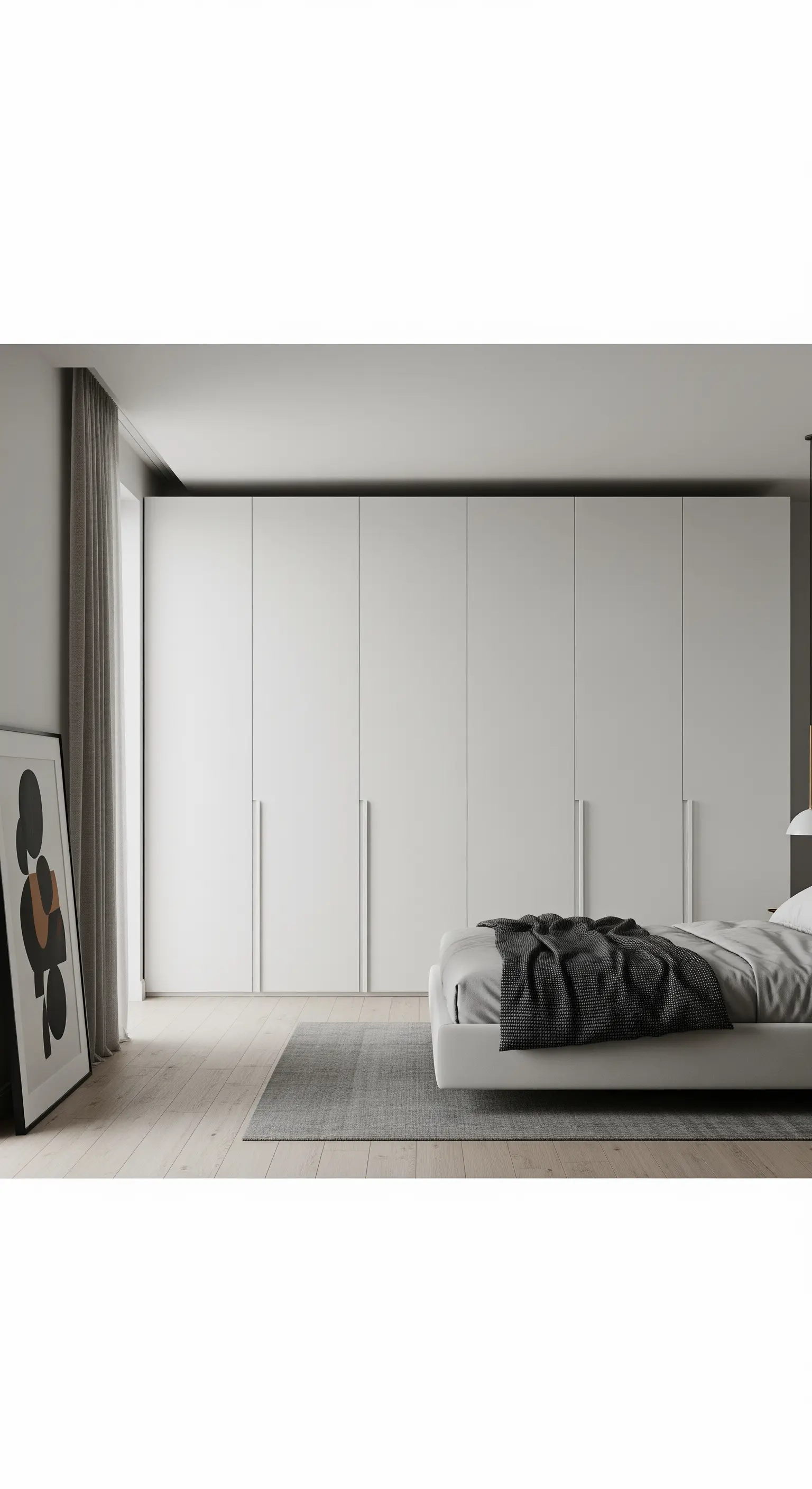 Grande armadio bianco a sei ante in una camera da letto minimalista e luminosa.