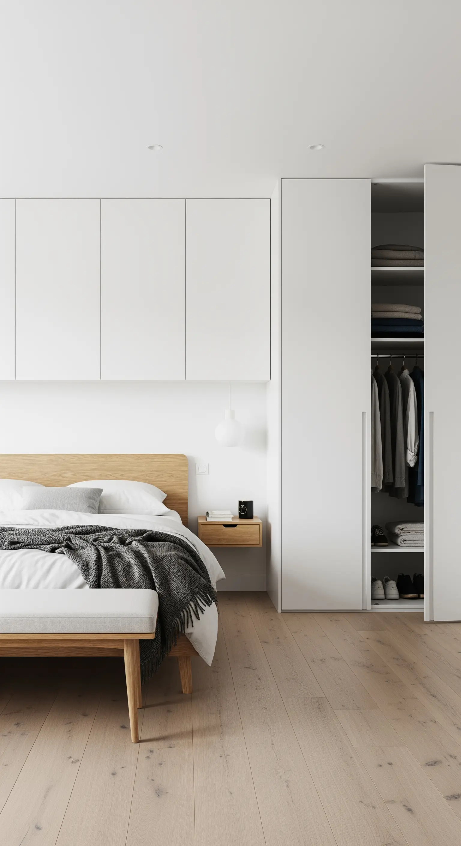 Armadi a muro bianchi senza maniglie in una camera con letto in legno chiaro.