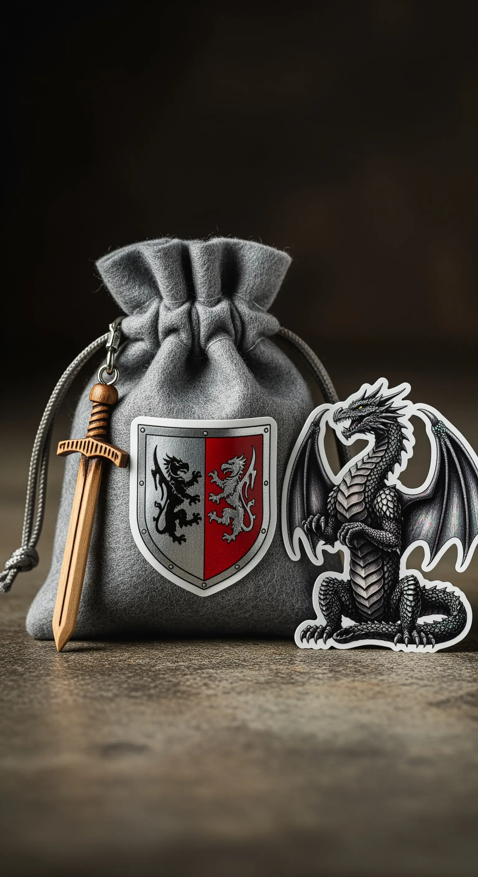 Sacchetto in feltro grigio a tema medievale con stemma, drago e spada di legno.