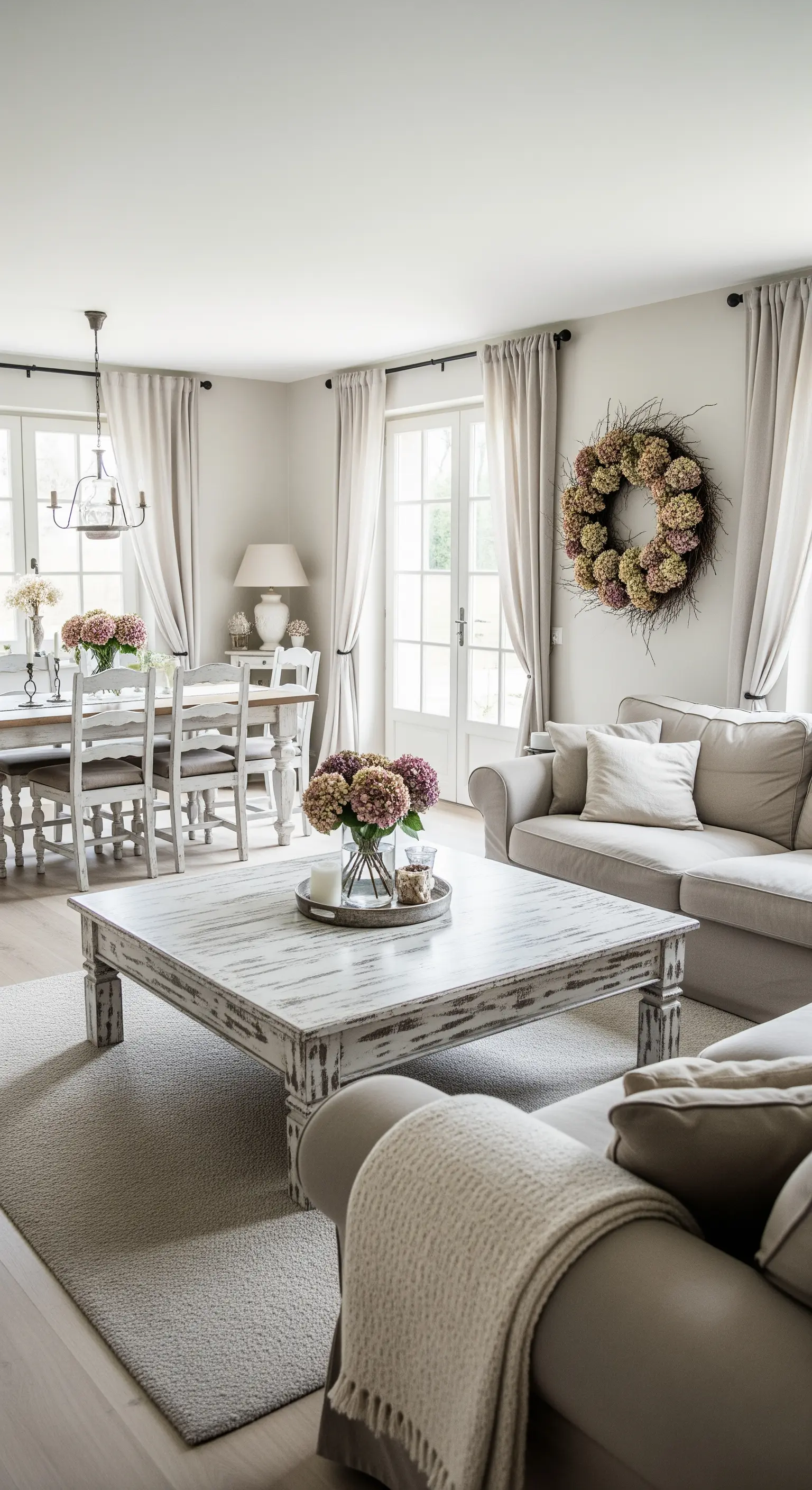 Soggiorno e sala da pranzo shabby chic con mobili bianchi decapati e toni neutri.