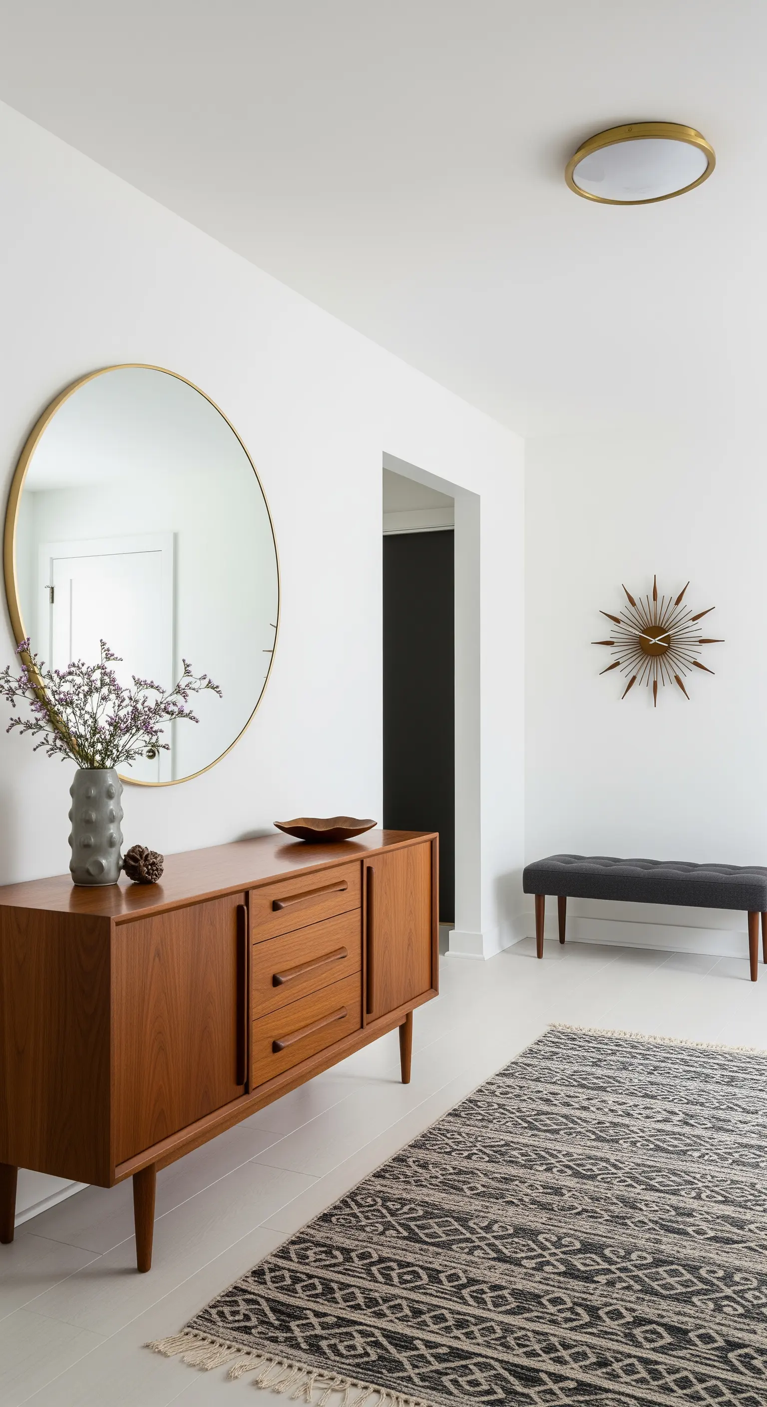 Angolo mid-century modern con credenza in teak, specchio rotondo e orologio a raggiera.