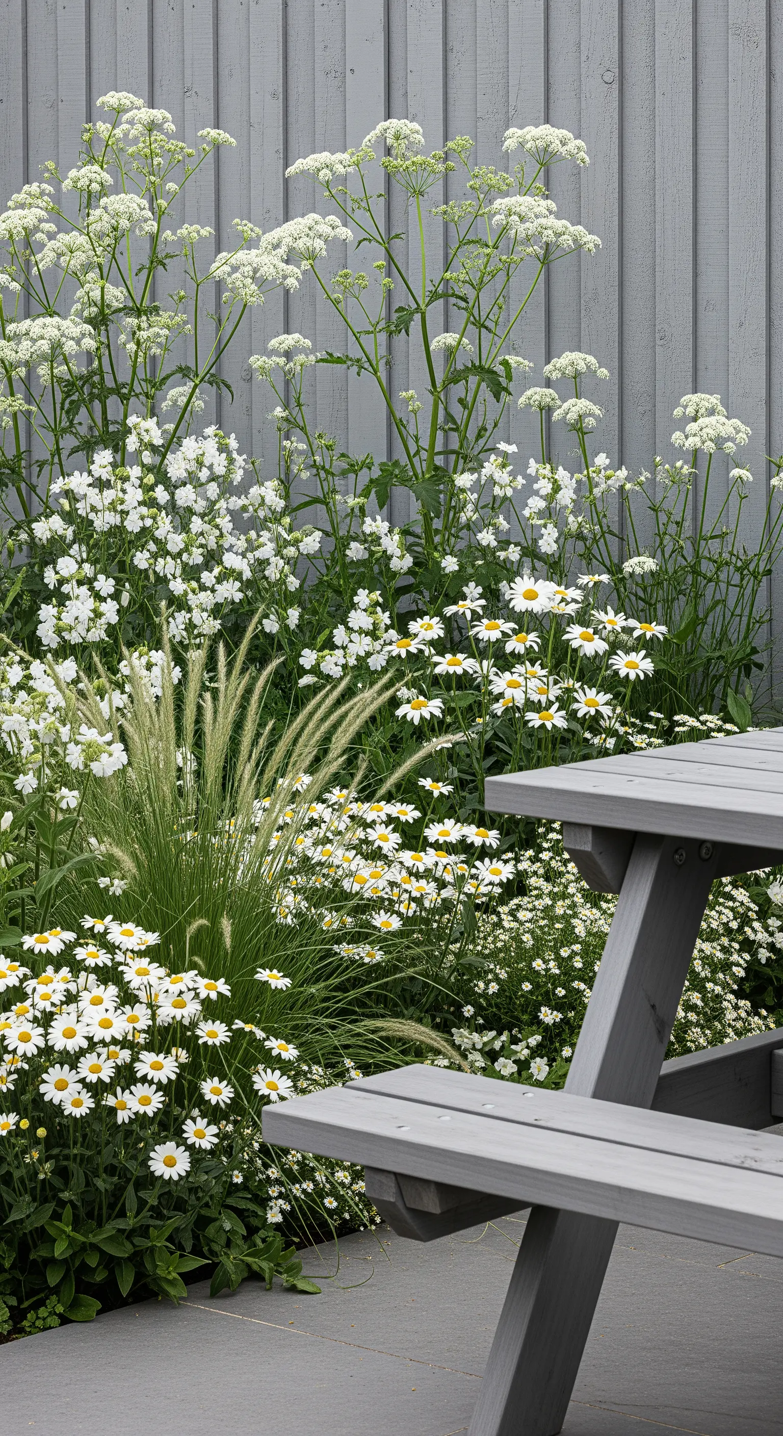 Tavolo da picnic grigio accanto a una distesa di margherite e fiori bianchi spontanei.