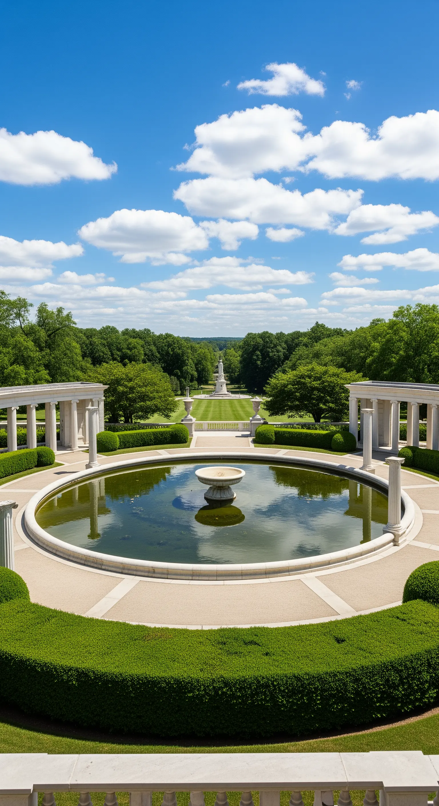 Grande vasca circolare in pietra al centro di un patio con colonnato bianco e siepi curve
