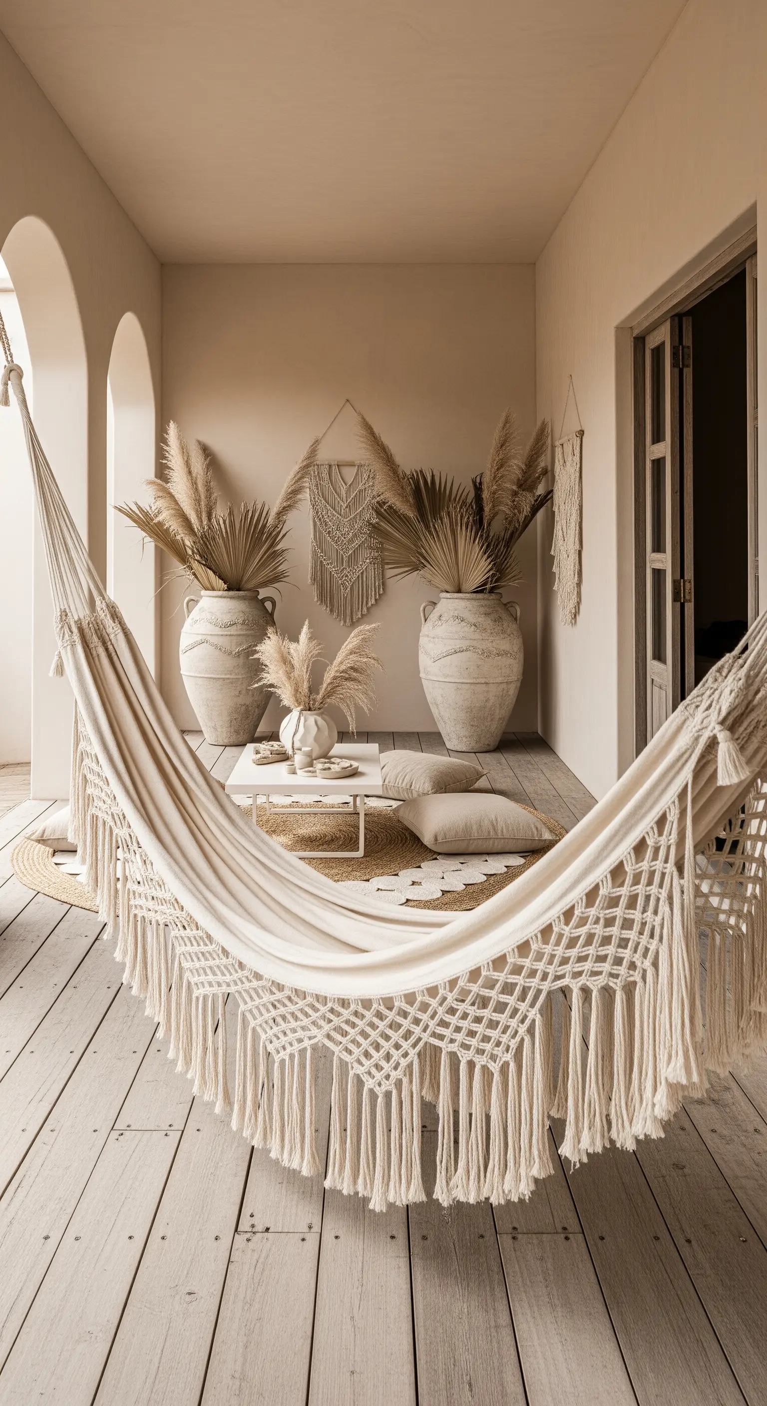 Balcone monocromatico beige con amaca in macramè, pampas e vasi in terracotta.