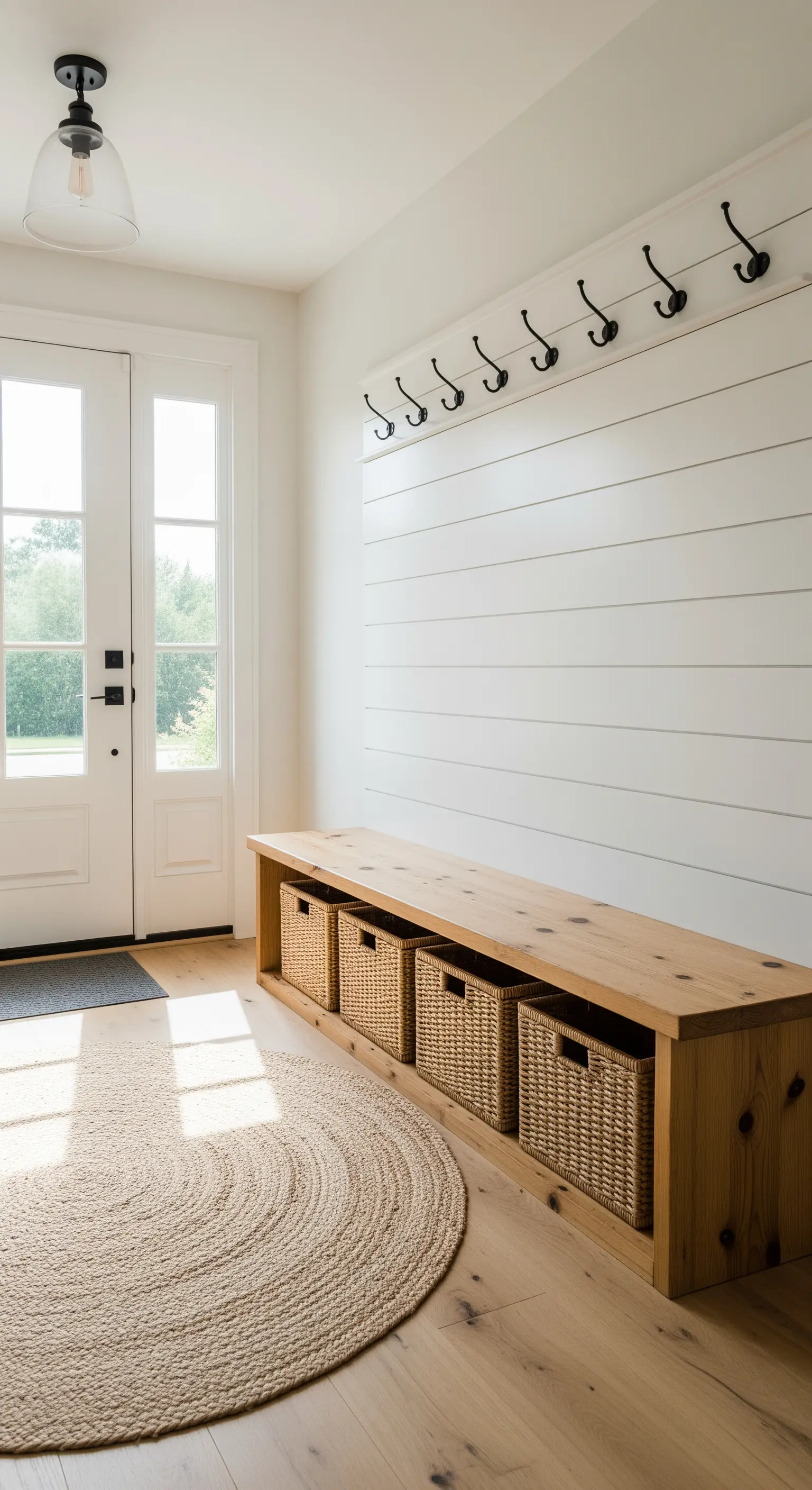 Ingresso luminoso con panca in legno, cestini in vimini e parete a listelli bianchi.