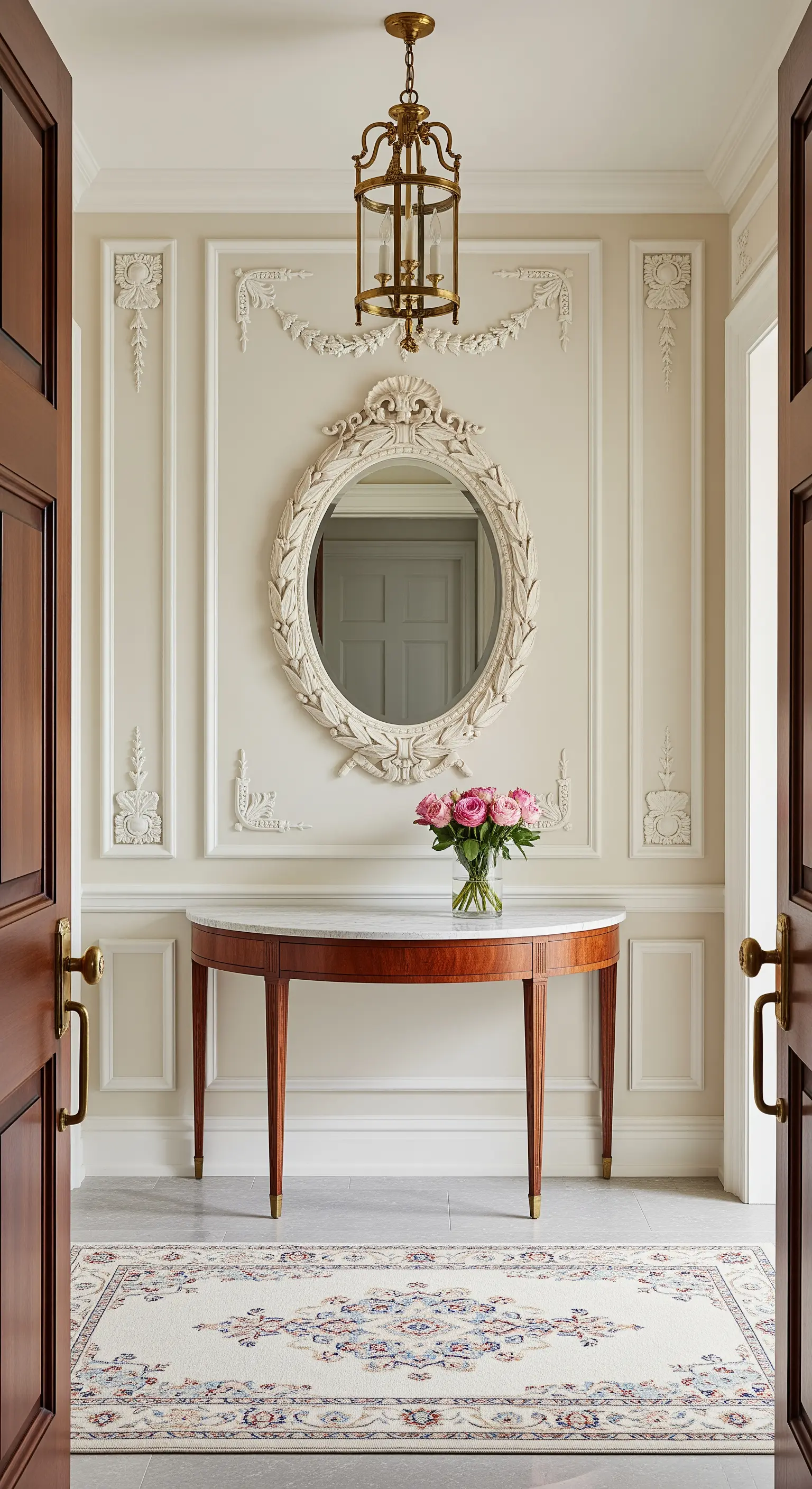 Ingresso neoclassico con boiserie, consolle a mezzaluna e specchio ovale decorato.