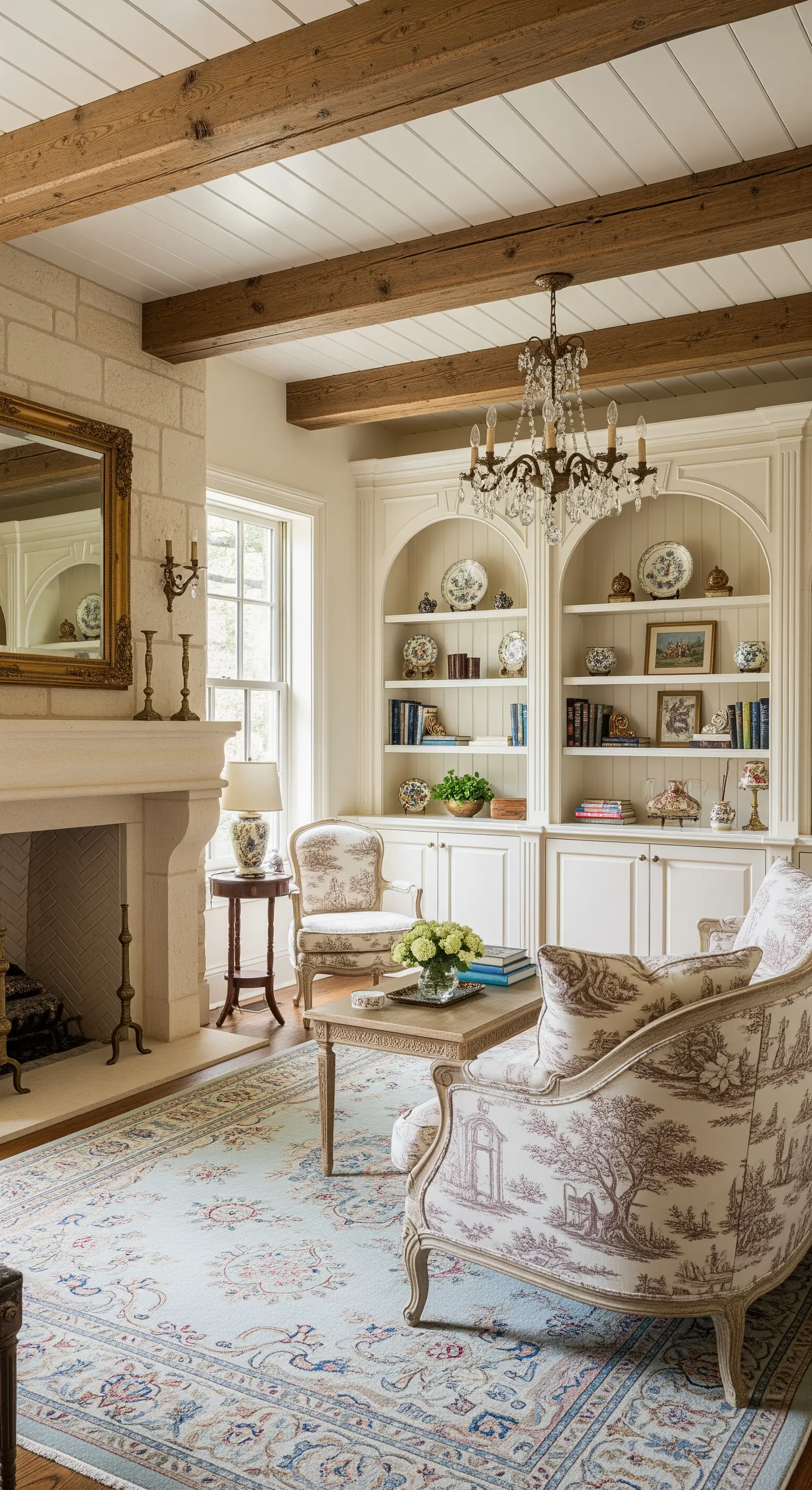 Soggiorno in stile provenzale con camino in pietra, travi a vista e poltrone con tessuto toile.